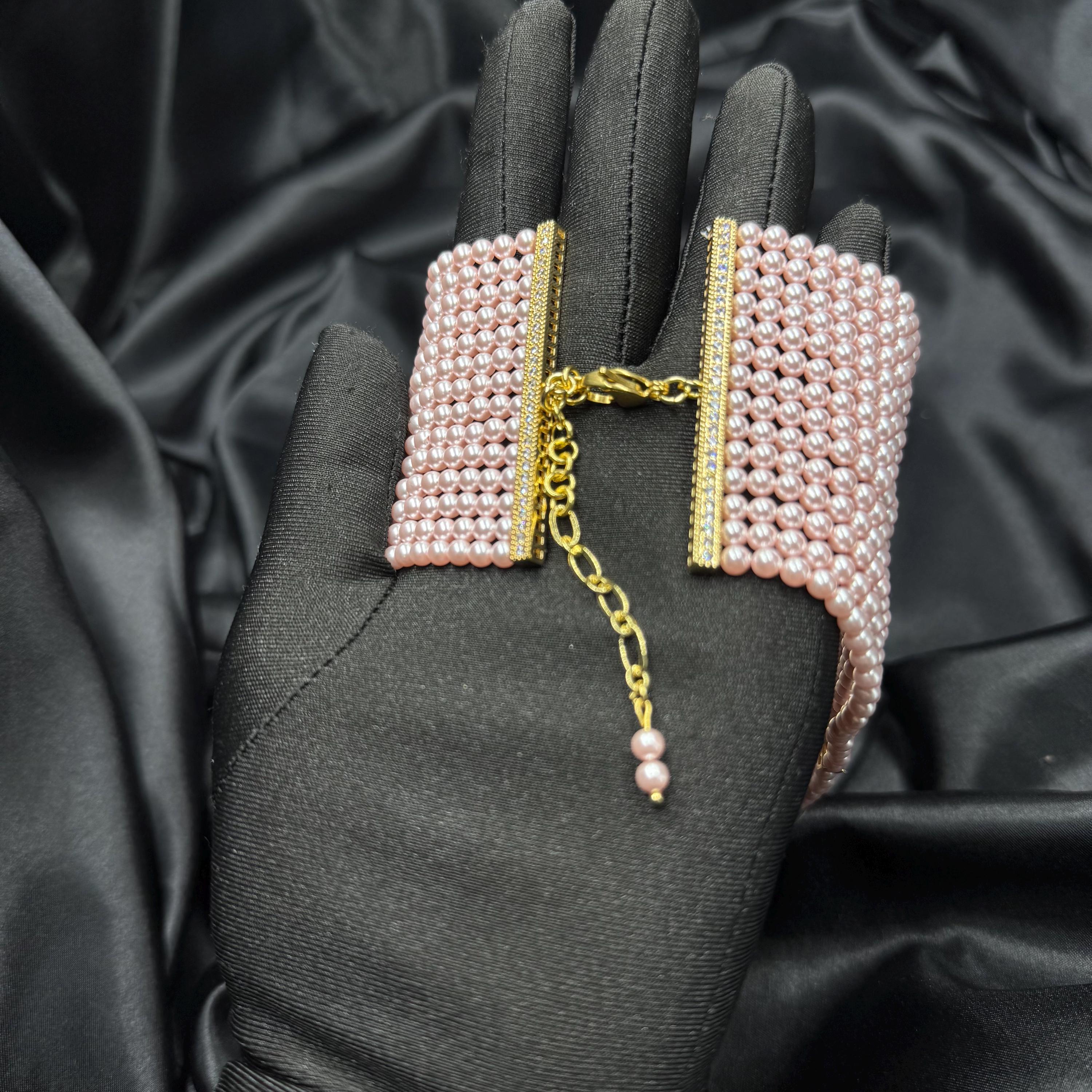 Multi Strand Bracelet Pink Pearl Design Crystal Cuff Jewelry Wedding Ceremony Accessory Formal Event Piece Statement Arm Jewelry Adjustable Wrist Band Zircon Embellished Details Elegant Feminine Style Special Occasion Accessory Celebration
