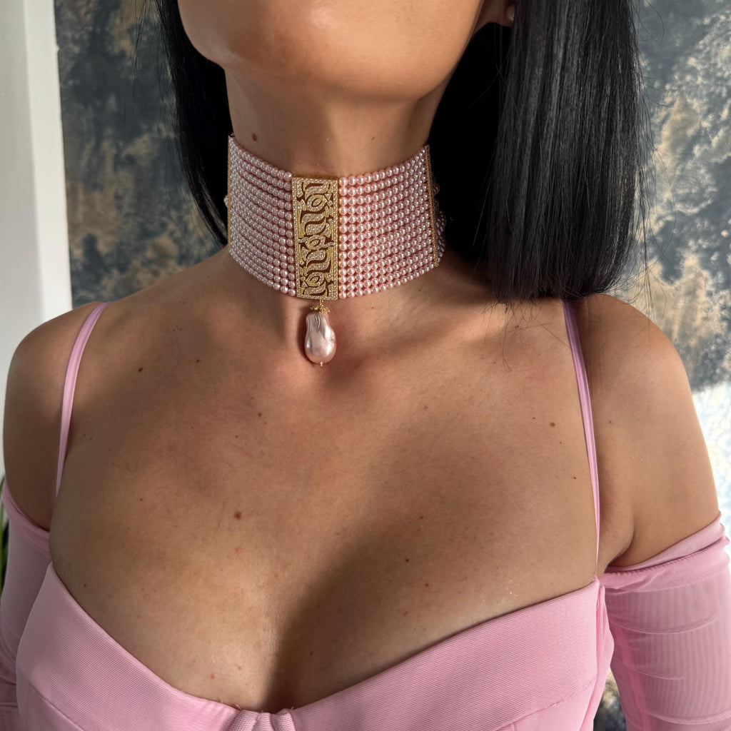 Pearl Choker Necklace Pink Crystal Multiple Strands Baroque Teardrop Pendant Gold Plated Zircon Centerpiece Multilayer Pearl Design Adjustable Length Handmade Jewelry Elegant Wedding Accessory Formal Event Statement Piece Luxury Neck Piece