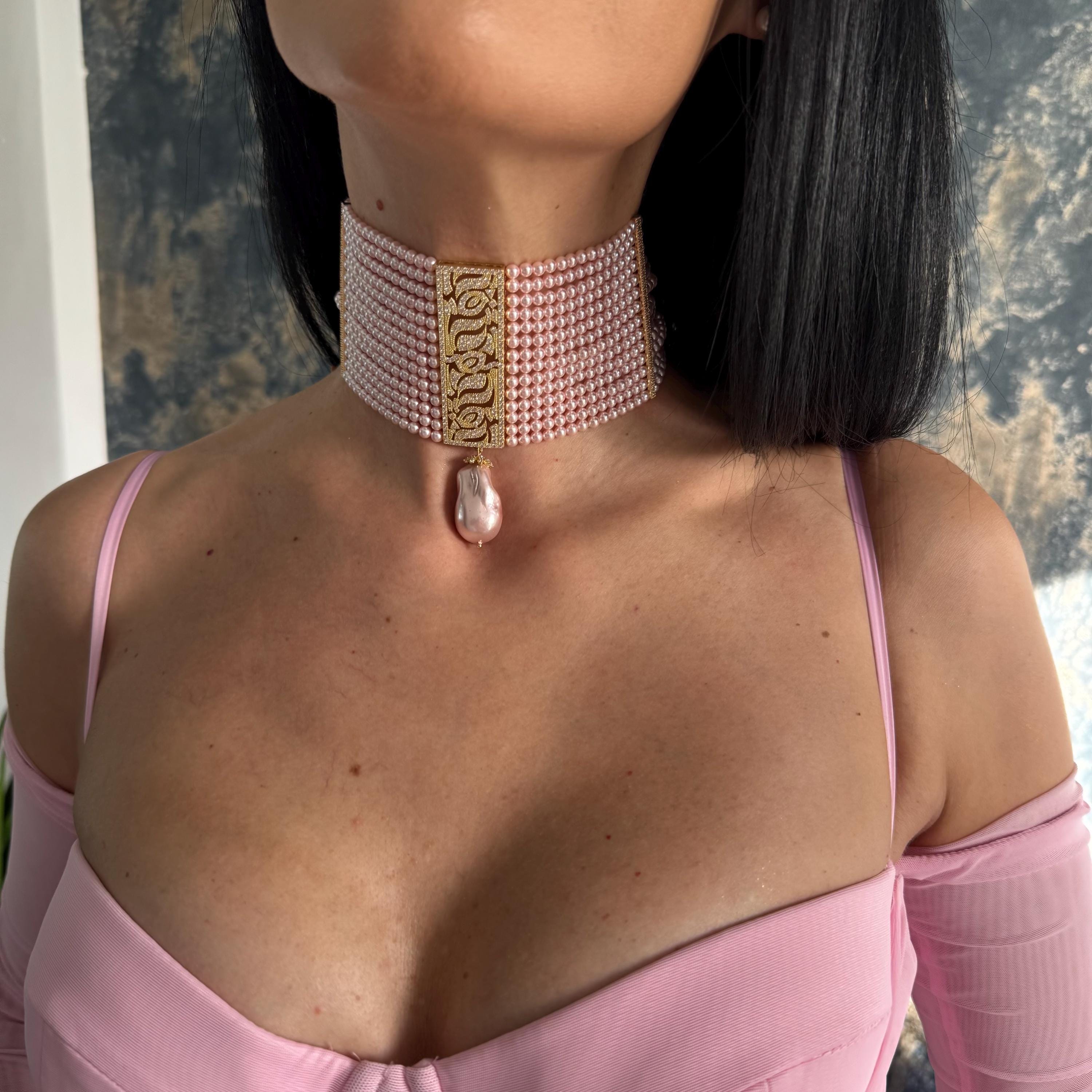 Pearl Choker Necklace Pink Crystal Multiple Strands Baroque Teardrop Pendant Gold Plated Zircon Centerpiece Multilayer Pearl Design Adjustable Length Handmade Jewelry Elegant Wedding Accessory Formal Event Statement Piece Luxury Neck Piece