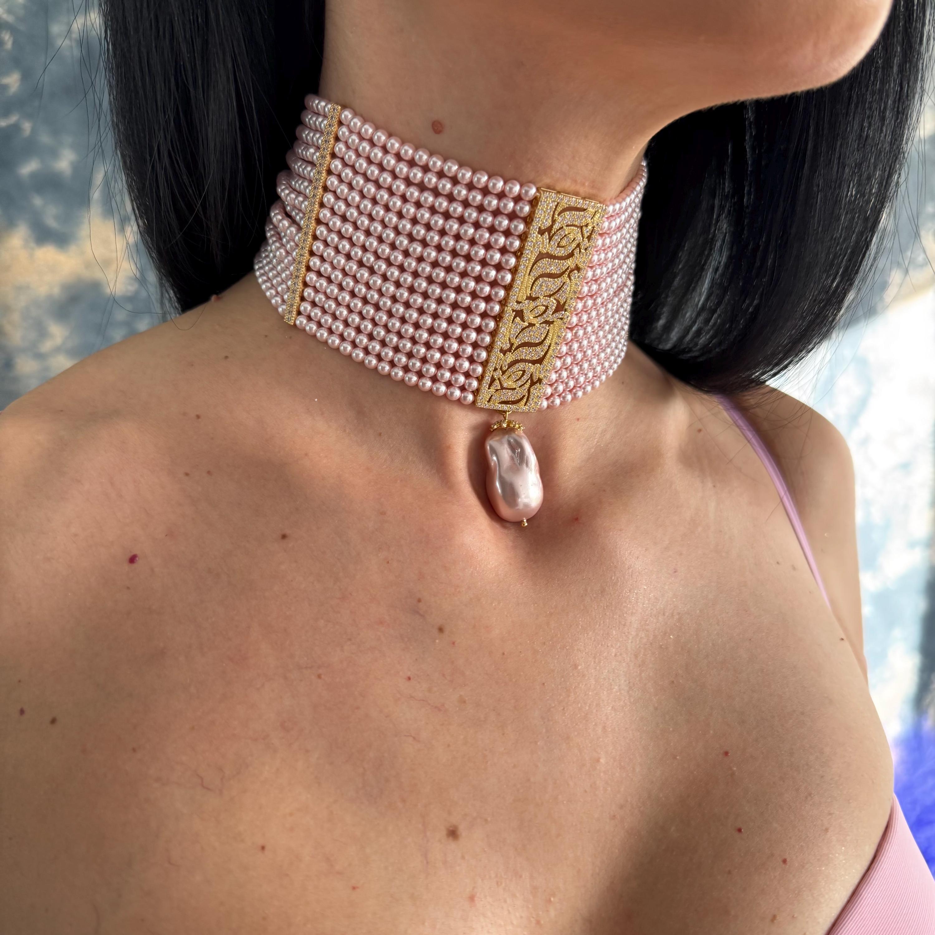 Pearl Choker Necklace Pink Crystal Multiple Strands Baroque Teardrop Pendant Gold Plated Zircon Centerpiece Multilayer Pearl Design Adjustable Length Handmade Jewelry Elegant Wedding Accessory Formal Event Statement Piece Luxury Neck Piece