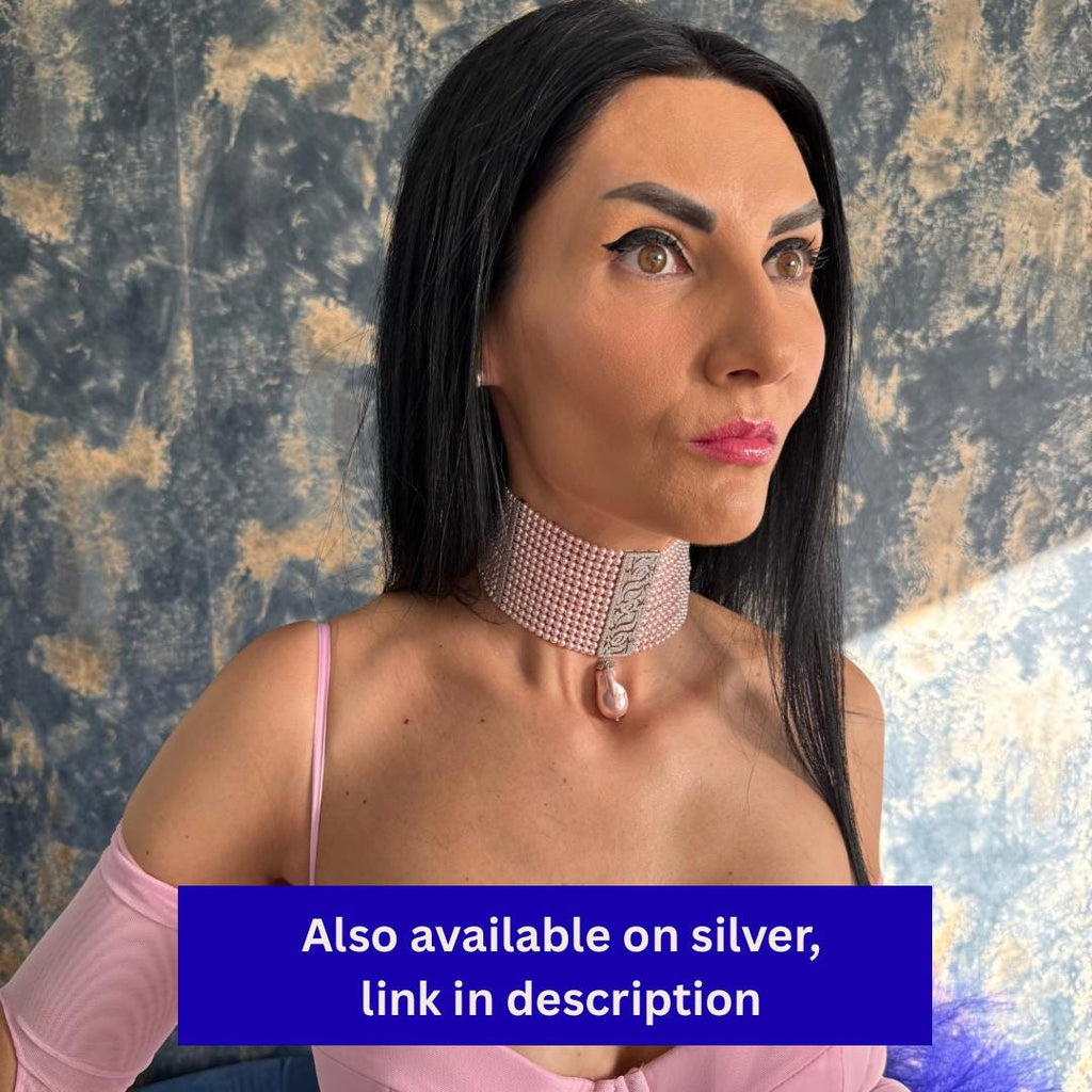 Multilayer Pearl Choker Handcrafted Crystal Design Pink Baroque Pendant Statement Necklace Gold Zircon Centerpiece Elegant Wedding Jewelry Adjustable Length Option Formal Event Accessory Luxury Neck Piece Special Occasion Collection