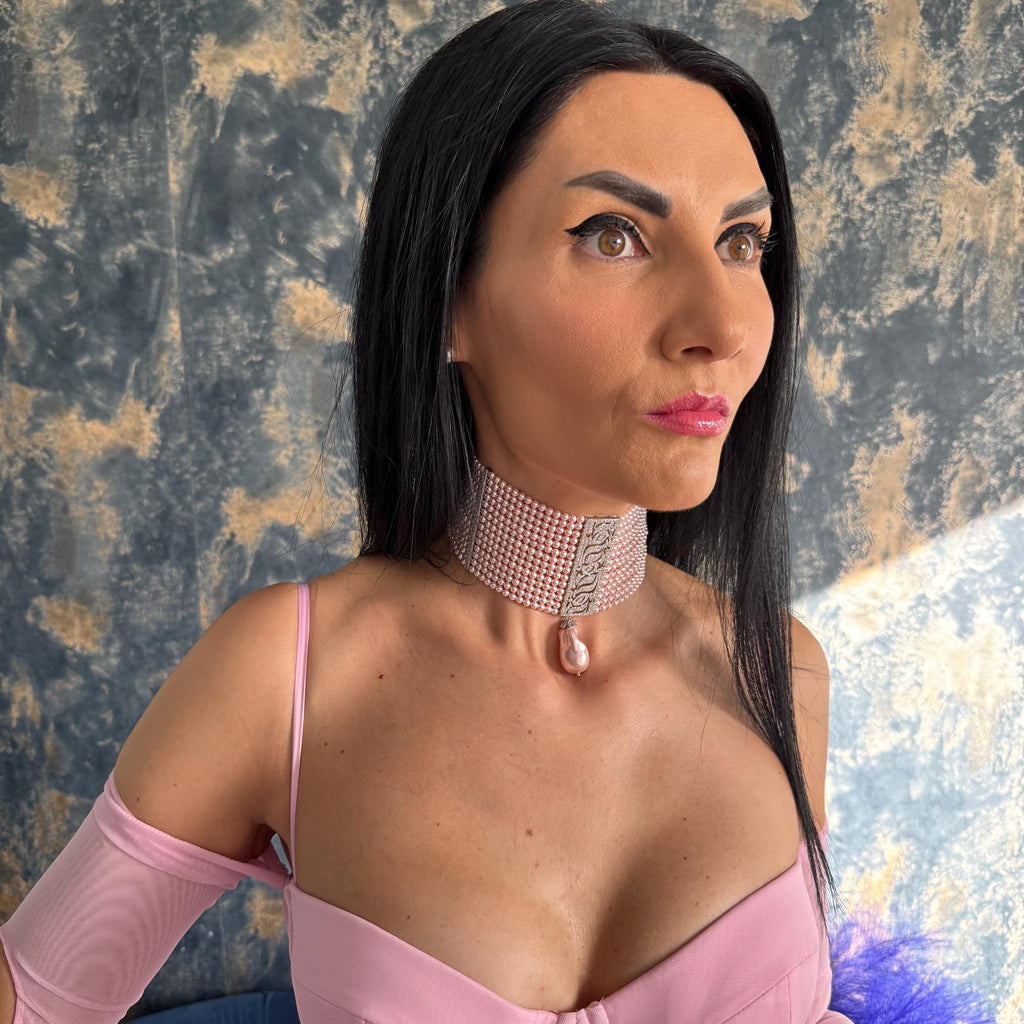 Fourteen Row Design Pink Pearl Choker Necklace Handcrafted Crystal Jewelry Elegant Statement Piece Wedding Accessory Formal Event Essential Platinum Plated Zircon Centerpiece Adjustable Length Secure Lobster Clasp Feminine Style Luxury