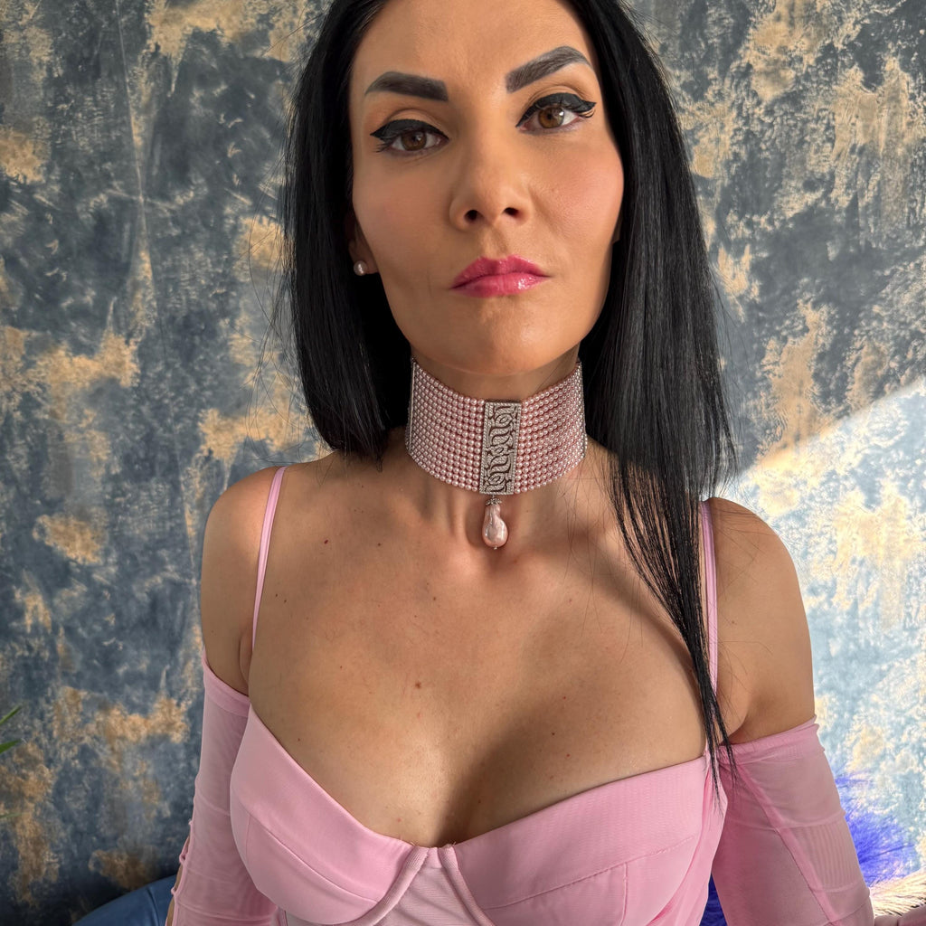 Statement Necklace Design Pink Pearl Choker Handcrafted Crystal Jewelry Formal Wear Essential Elegant Fashion Piece Special Event Accessory Platinum Finish Zircon Centerpiece Adjustable Length Multiple Row Design Luxury Collection Item