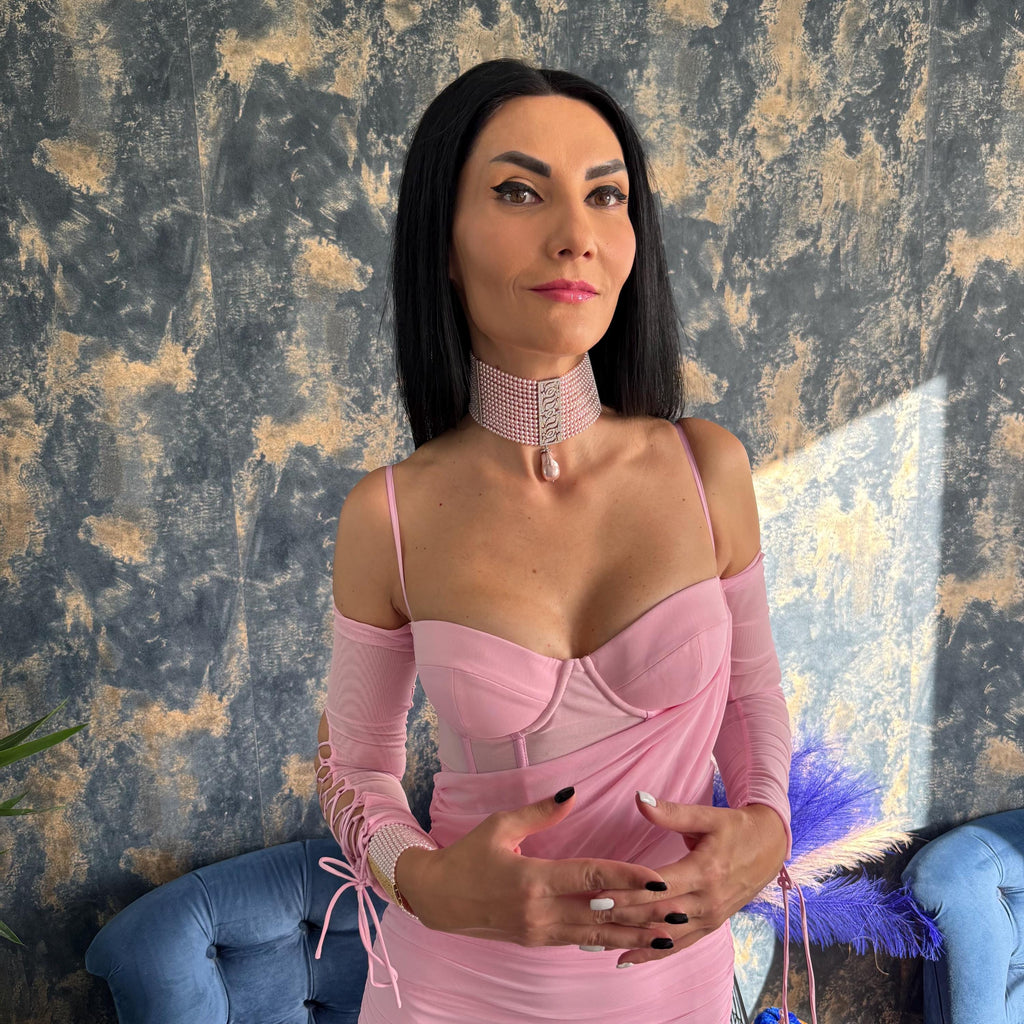 Fourteen Row Design Pink Pearl Choker Necklace Handcrafted Crystal Jewelry Elegant Statement Piece Wedding Accessory Formal Event Essential Platinum Plated Zircon Centerpiece Adjustable Length Secure Lobster Clasp Feminine Style Luxury
