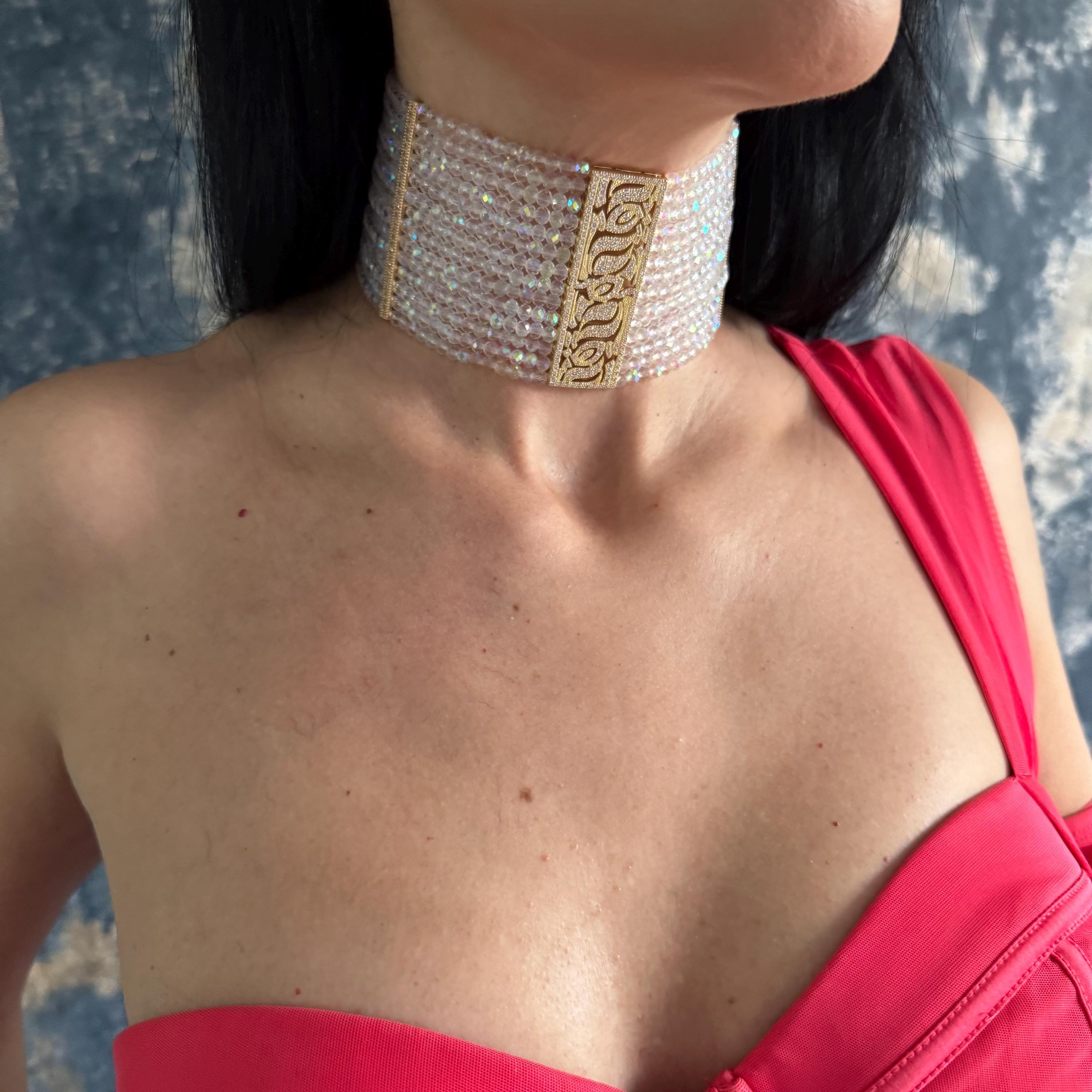 Crystal Choker Necklace Wide Statement Piece Elegant Wedding Accessory Gold Faceted Design Iridescent Glass Beads Zircon Centerpiece Bridal Jewelry Collection Customizable Length Option Formal Event Neckpiece Glamorous Evening Wear Luxury