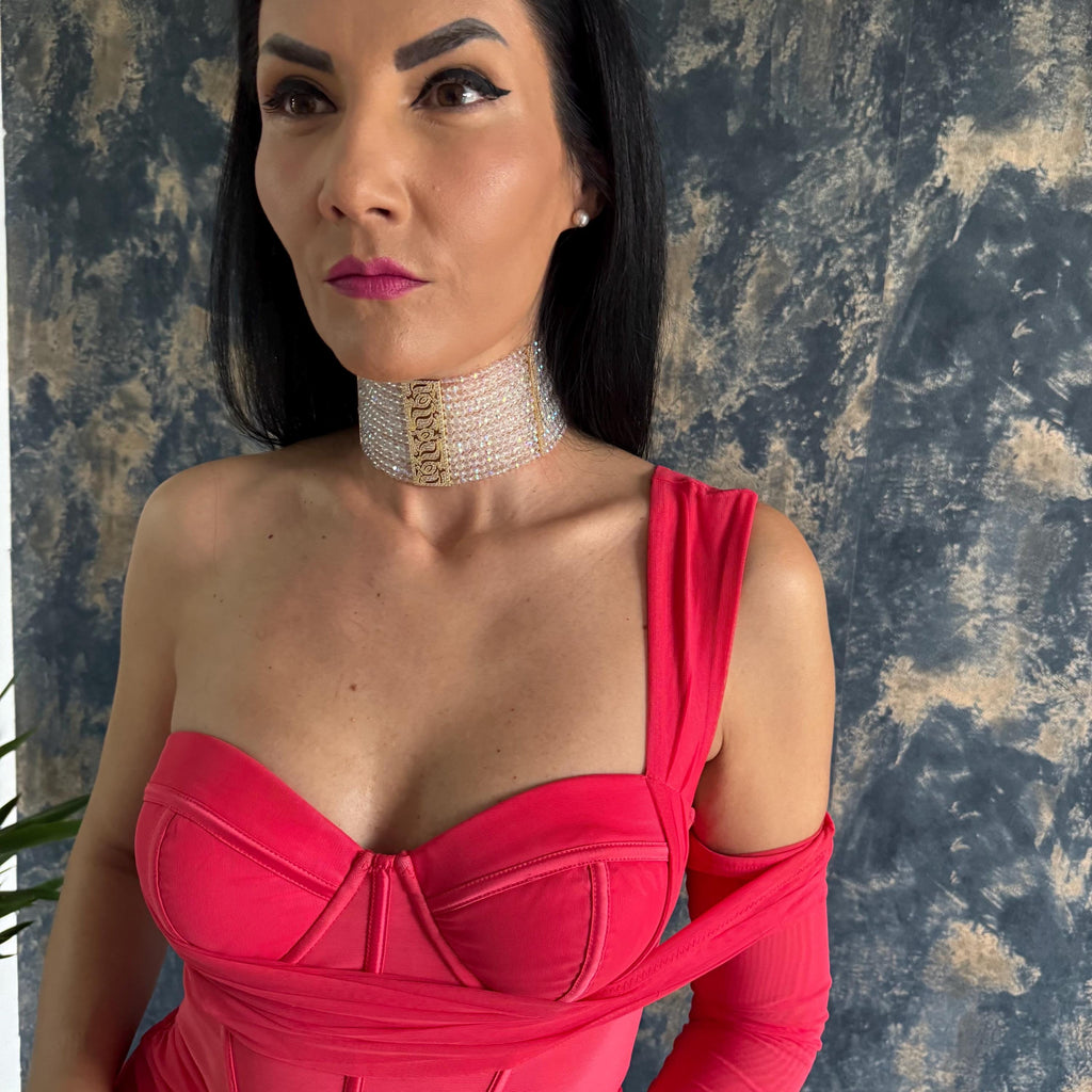 Statement Jewelry Piece Crystal Choker Design Wide Necklace Collection Customizable Length Option Iridescent Glass Beads Gold Plated Accents Zircon Centerpiece Detail Glamorous Evening Wear Luxury Formal Event Accessory Premium Quality