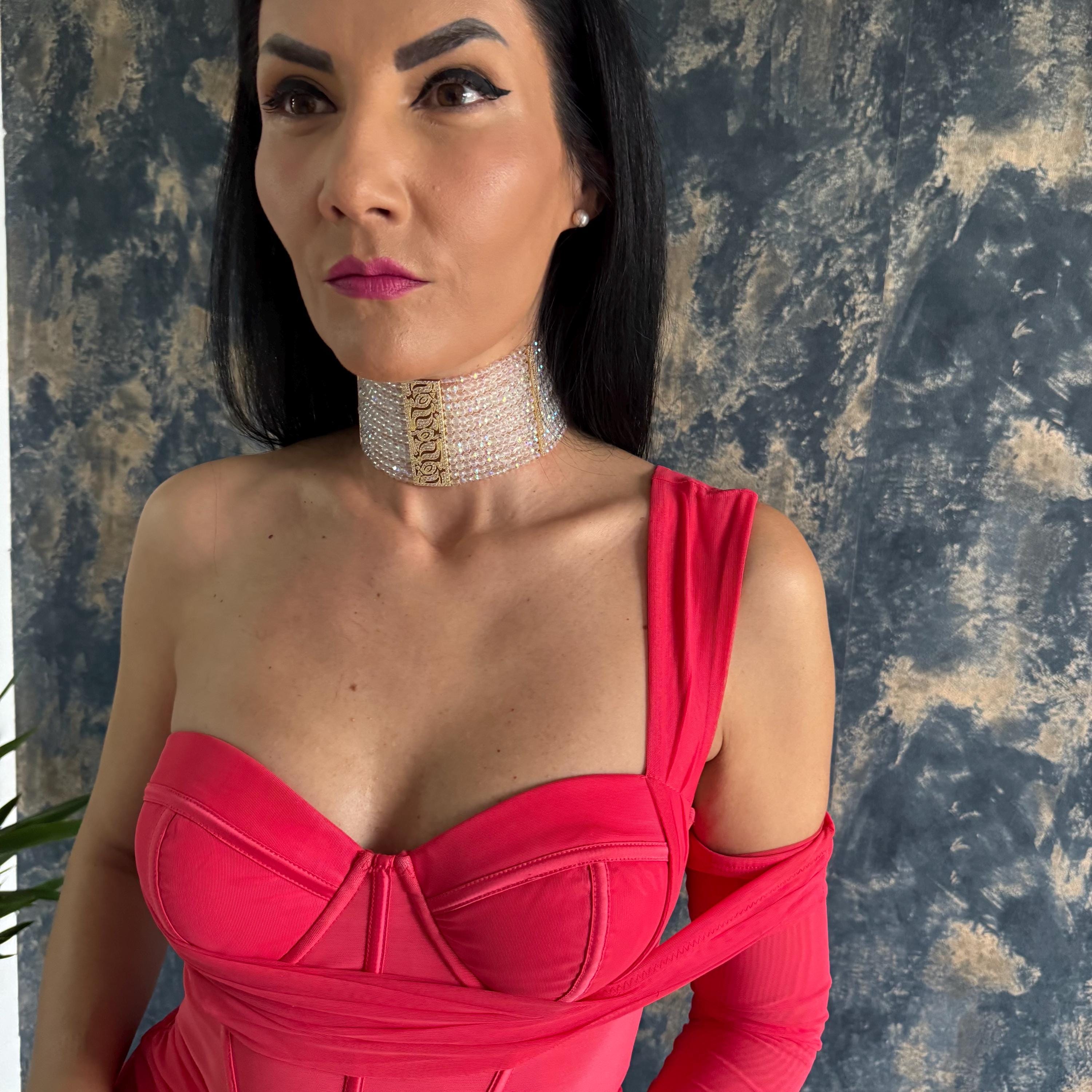 Statement Jewelry Piece Crystal Choker Design Wide Necklace Collection Customizable Length Option Iridescent Glass Beads Gold Plated Accents Zircon Centerpiece Detail Glamorous Evening Wear Luxury Formal Event Accessory Premium Quality