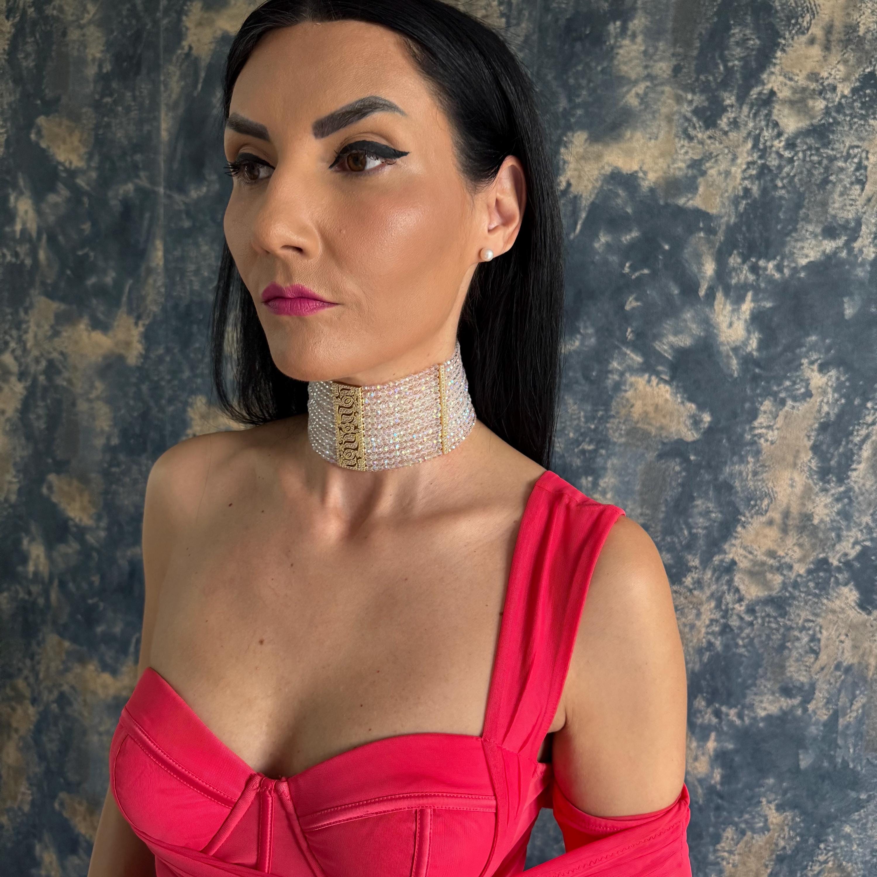 Iridescent Glass Beads Crystal Choker Collection Wide Statement Necklace Design Gold Plated Accents Premium Construction Quality Zircon Centerpiece Feature Customizable Length Option Elegant Wedding Accessory Formal Event Jewelry Glamorous