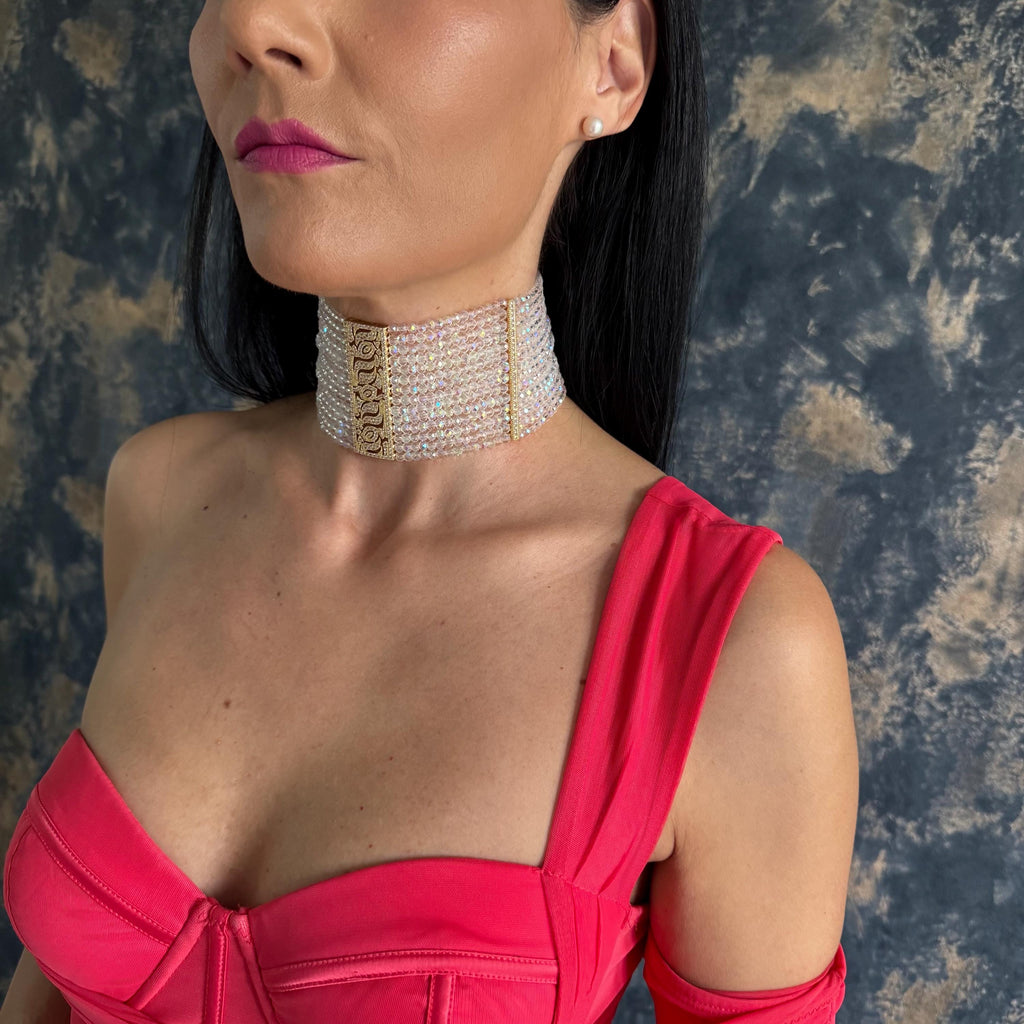 Crystal Choker Necklace Wide Statement Piece Elegant Wedding Accessory Gold Faceted Design Iridescent Glass Beads Zircon Centerpiece Bridal Jewelry Collection Customizable Length Option Formal Event Neckpiece Glamorous Evening Wear Luxury