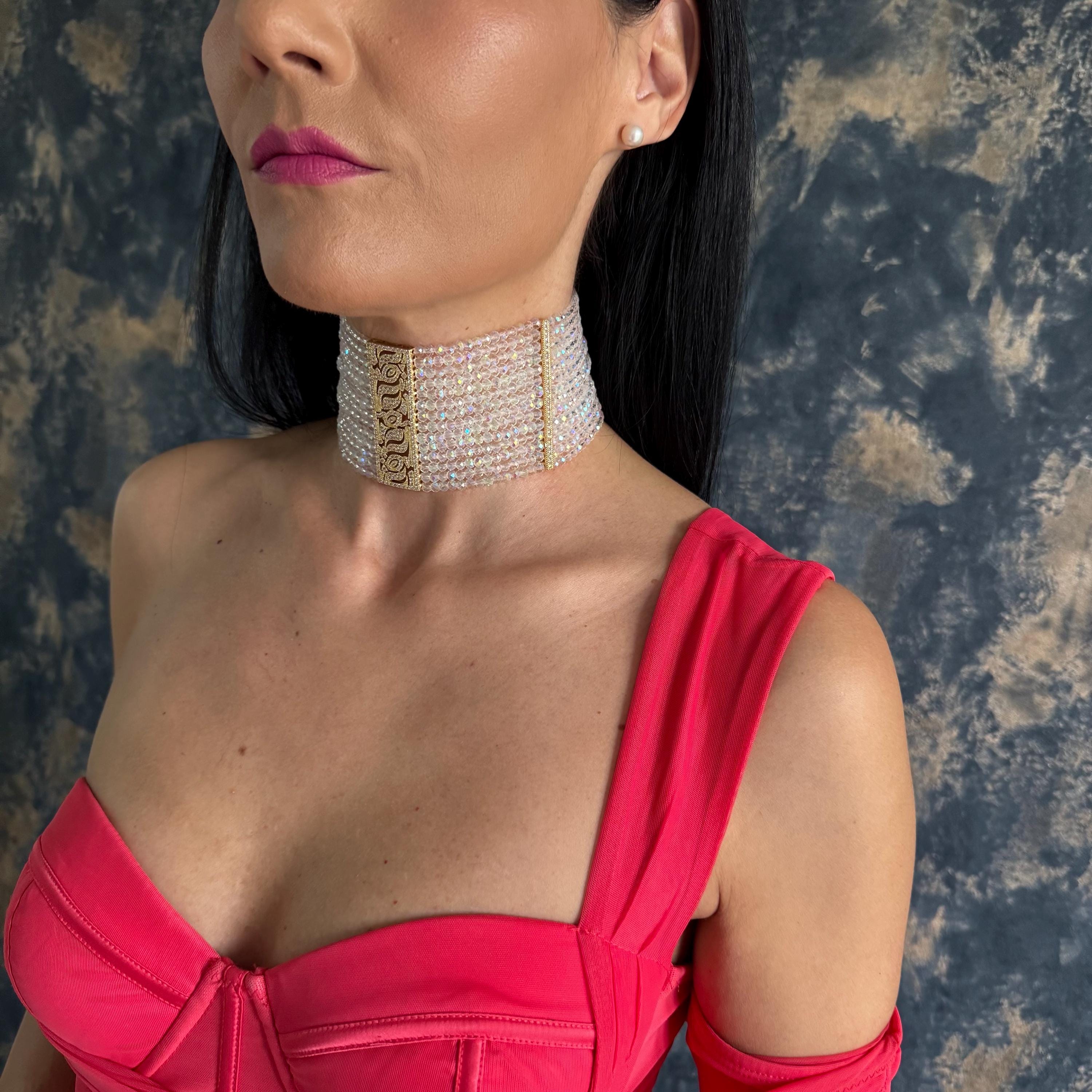 Crystal Choker Necklace Wide Statement Piece Elegant Wedding Accessory Gold Faceted Design Iridescent Glass Beads Zircon Centerpiece Bridal Jewelry Collection Customizable Length Option Formal Event Neckpiece Glamorous Evening Wear Luxury