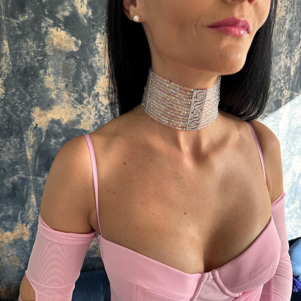 Wide Crystal Choker Statement Necklace Silver Jewelry Iridescent Beaded Faceted Glass Sparkling Handmade Jewellery Gift Wedding Accessory Bridal Collection Elegant Evening Wear Formal Occasion Perfect Bride Accessory Customizable Length