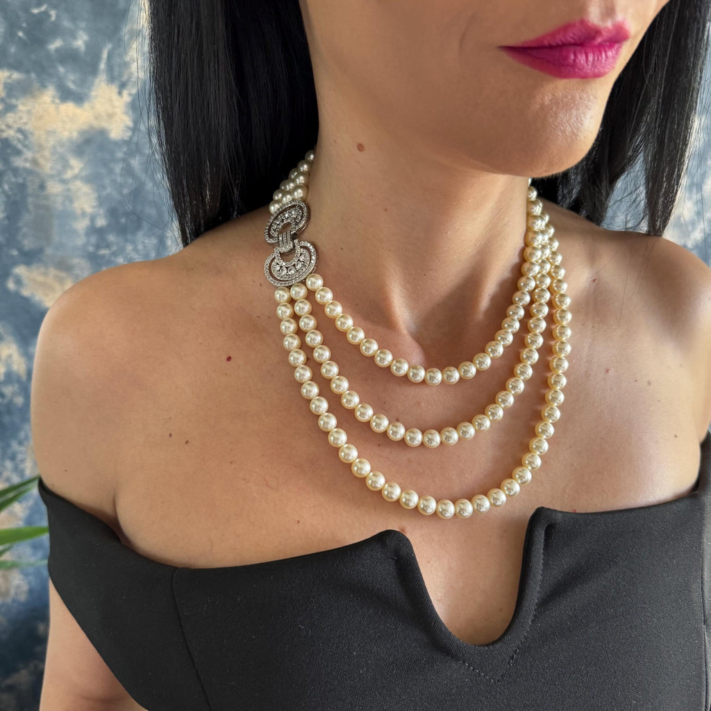 Triple Strand Pearl Necklace Vintage Style Accessory Jewelry Classic Multi Layer Cascade Design Elegant Costume Jewellery Formal Wear 1920