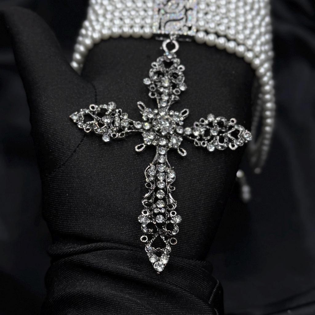 Gothic Cross Pendant Chunky Pearl Choker Victorian Style Necklace Statement Jewelry Collection Multi Strand Design Crystal Embellished Centerpiece Religious Symbol Accessory Premium Quality Construction Customizable Length Option Formal