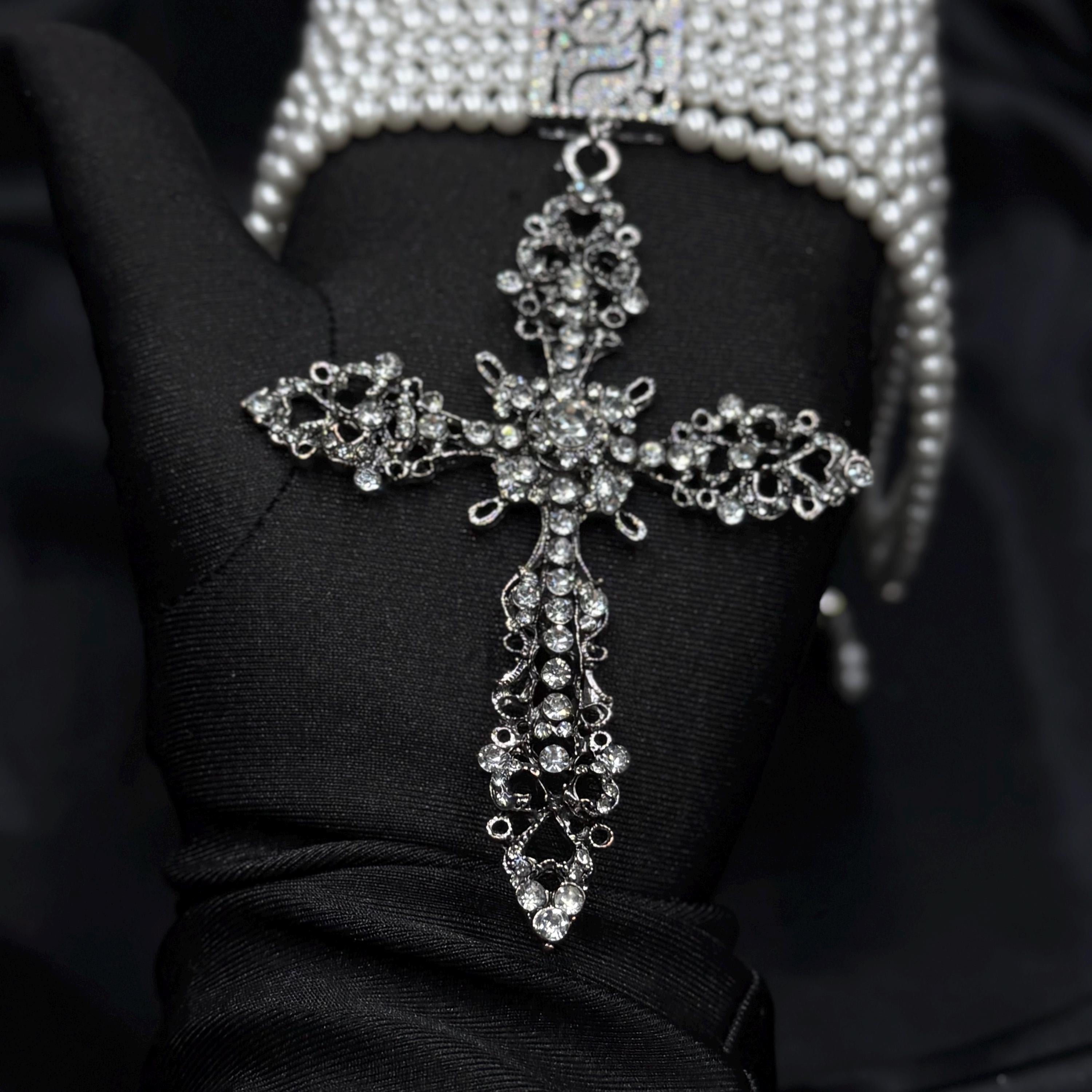 Gothic Cross Pendant Chunky Pearl Choker Victorian Style Necklace Statement Jewelry Collection Multi Strand Design Crystal Embellished Centerpiece Religious Symbol Accessory Premium Quality Construction Customizable Length Option Formal