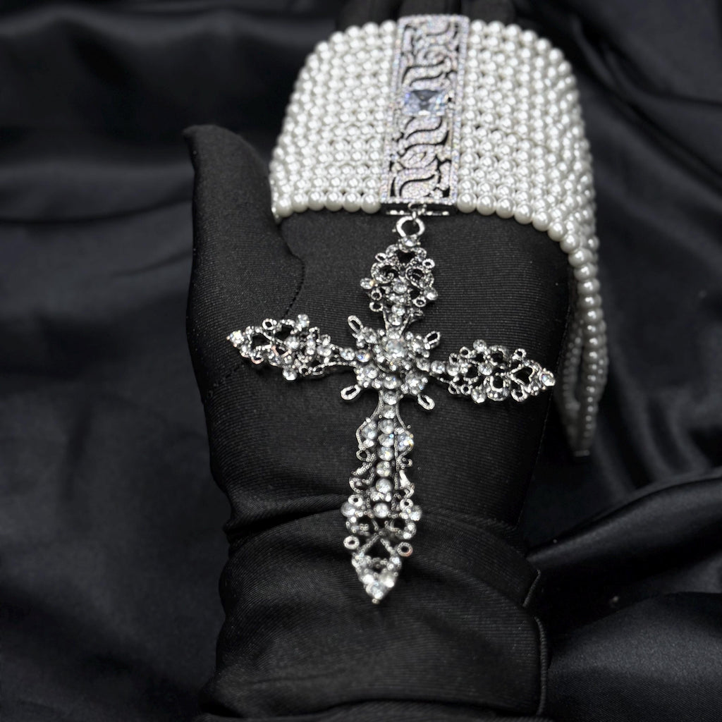 Gothic Cross Pendant Chunky Pearl Choker Victorian Style Necklace Statement Jewelry Collection Multi Strand Design Crystal Embellished Centerpiece Religious Symbol Accessory Premium Quality Construction Customizable Length Option Formal