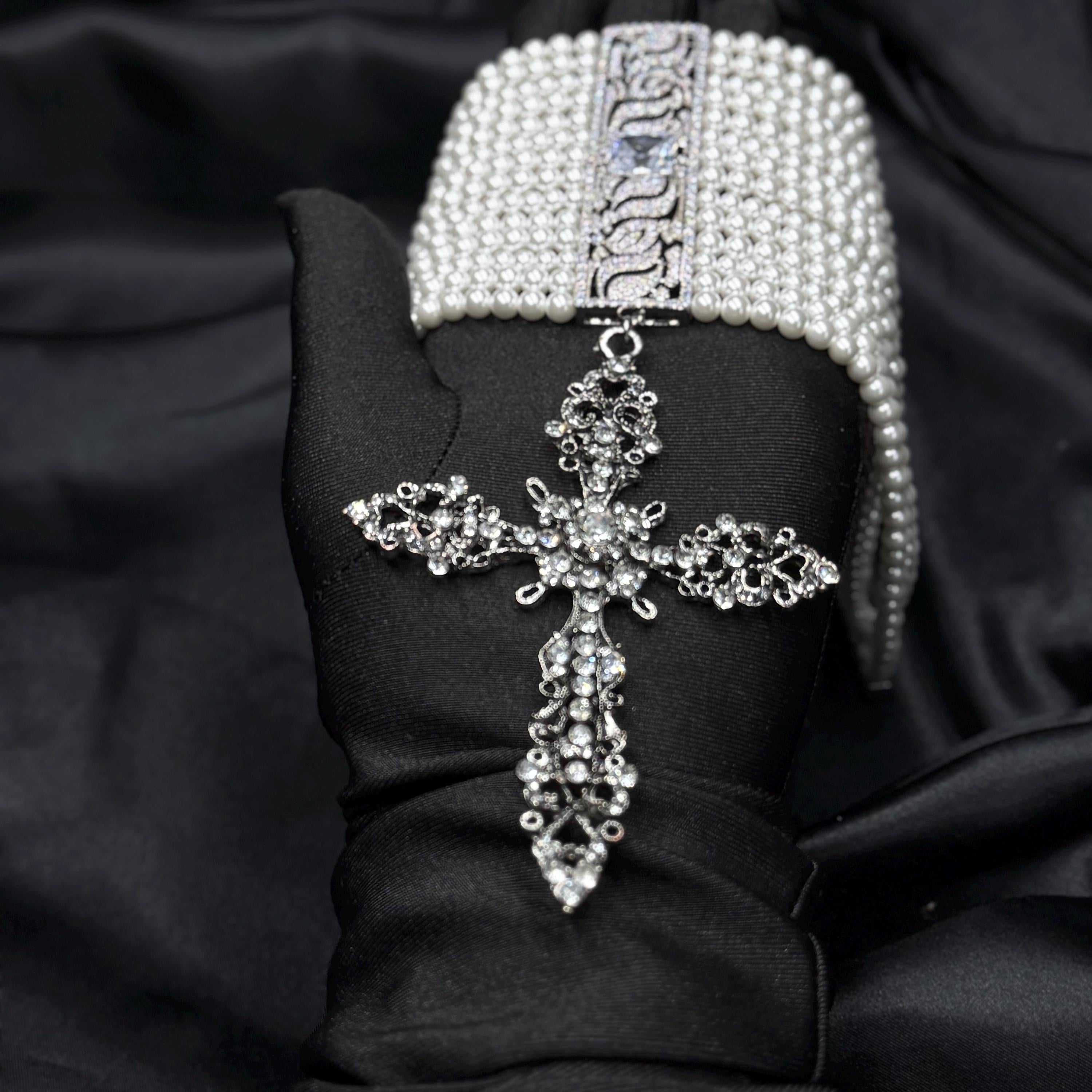 Gothic Cross Pendant Chunky Pearl Choker Victorian Style Necklace Statement Jewelry Collection Multi Strand Design Crystal Embellished Centerpiece Religious Symbol Accessory Premium Quality Construction Customizable Length Option Formal