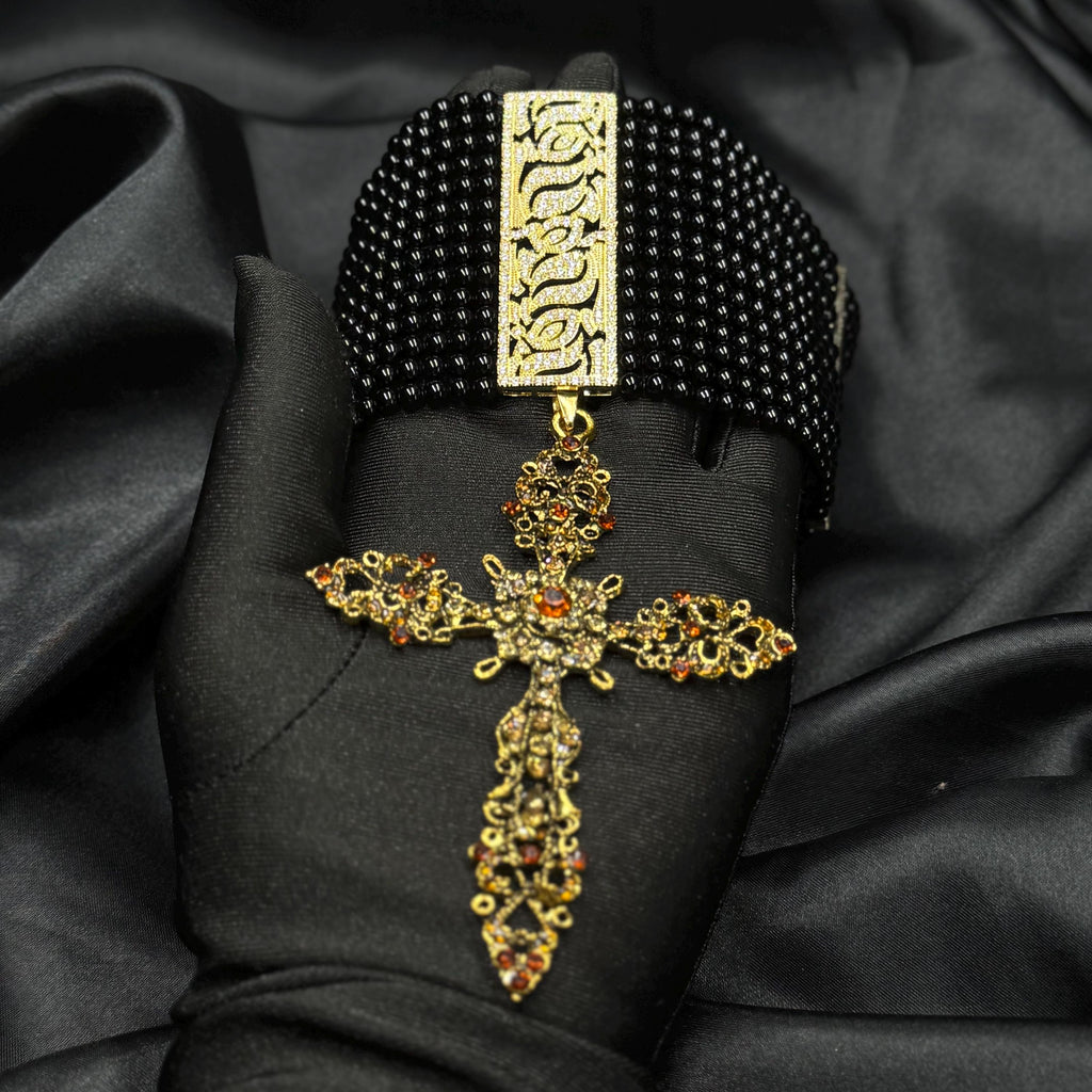 Gothic Cross Pendant Necklace Black Agate Choker Gold Plated Centerpiece Religious Symbol Design Statement Collar Piece Crystal Details Zircon Accents Elegant Neck Adornment Premium Stone Quality Handcrafted Jewelry Item Adjustable Length