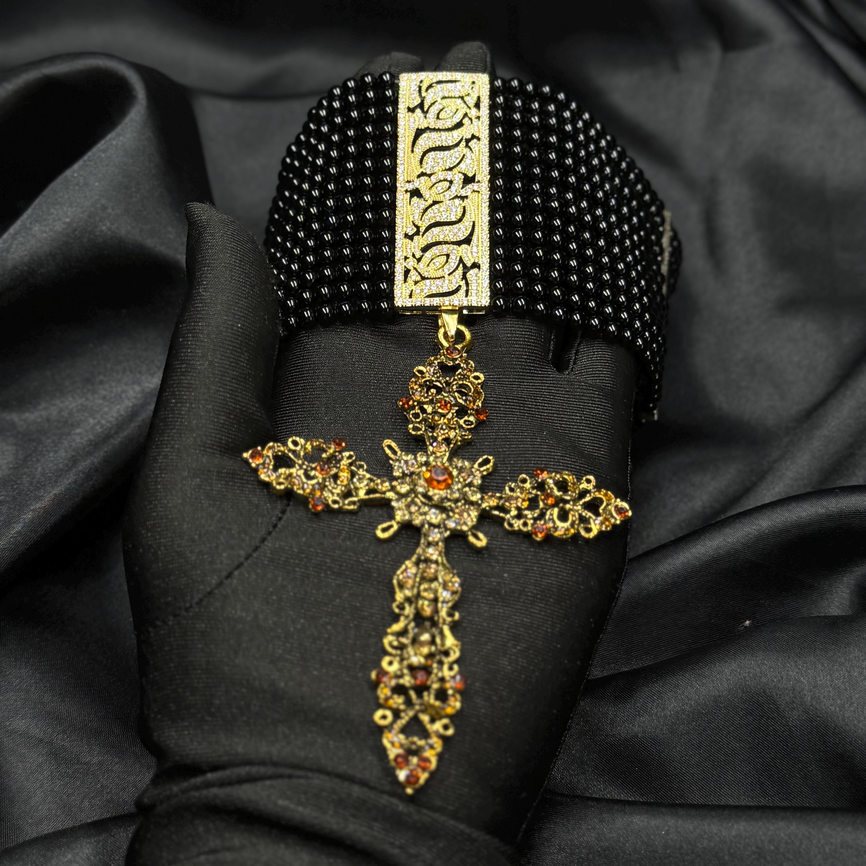 Gothic Cross Pendant Necklace Black Agate Choker Gold Plated Centerpiece Religious Symbol Design Statement Collar Piece Crystal Details Zircon Accents Elegant Neck Adornment Premium Stone Quality Handcrafted Jewelry Item Adjustable Length