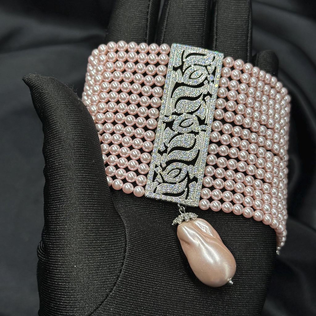 Gift Idea Jewelry Pink Pearl Choker Necklace Handmade Crystal Design Elegant Statement Piece Wedding Accessory Formal Wear Collection Platinum Plated Zircon Centerpiece Customizable Length Secure Clasp Design Special Occasion Essential