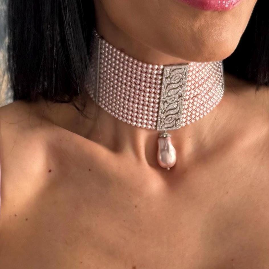 Gift Idea Jewelry Pink Pearl Choker Necklace Handmade Crystal Design Elegant Statement Piece Wedding Accessory Formal Wear Collection Platinum Plated Zircon Centerpiece Customizable Length Secure Clasp Design Special Occasion Essential
