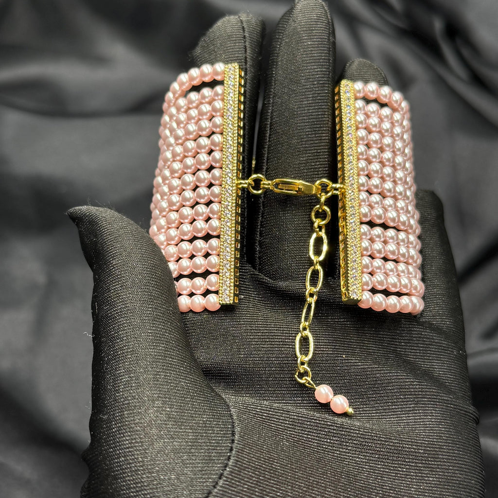 Multilayer Pearl Choker Handcrafted Crystal Design Pink Baroque Pendant Statement Necklace Gold Zircon Centerpiece Elegant Wedding Jewelry Adjustable Length Option Formal Event Accessory Luxury Neck Piece Special Occasion Collection