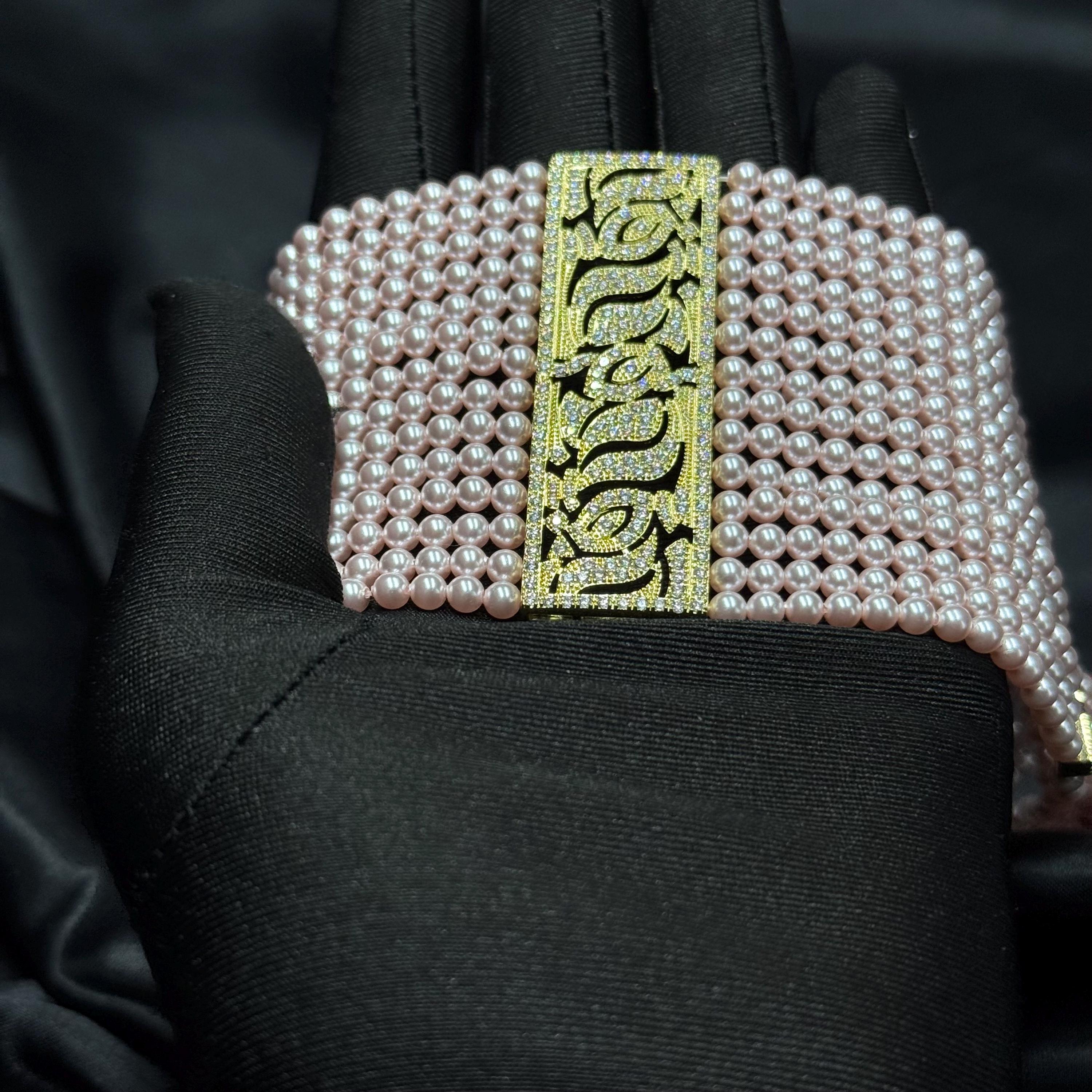 Pink Pearl Bracelet Crystal Cuff Jewelry Accessory Wedding Arm Piece Statement Multi Strand Wide Design Elegant Wrist Formal Blush Zircon