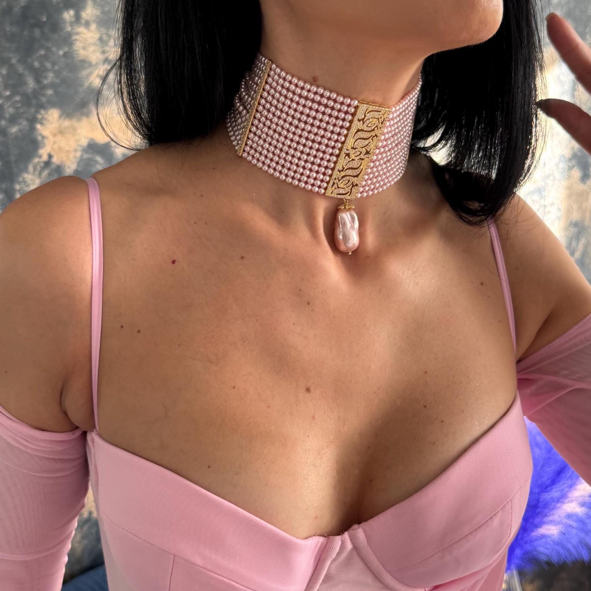Pearl Choker Necklace Pink Crystal Multiple Strands Baroque Teardrop Pendant Gold Plated Zircon Centerpiece Multilayer Pearl Design Adjustable Length Handmade Jewelry Elegant Wedding Accessory Formal Event Statement Piece Luxury Neck Piece