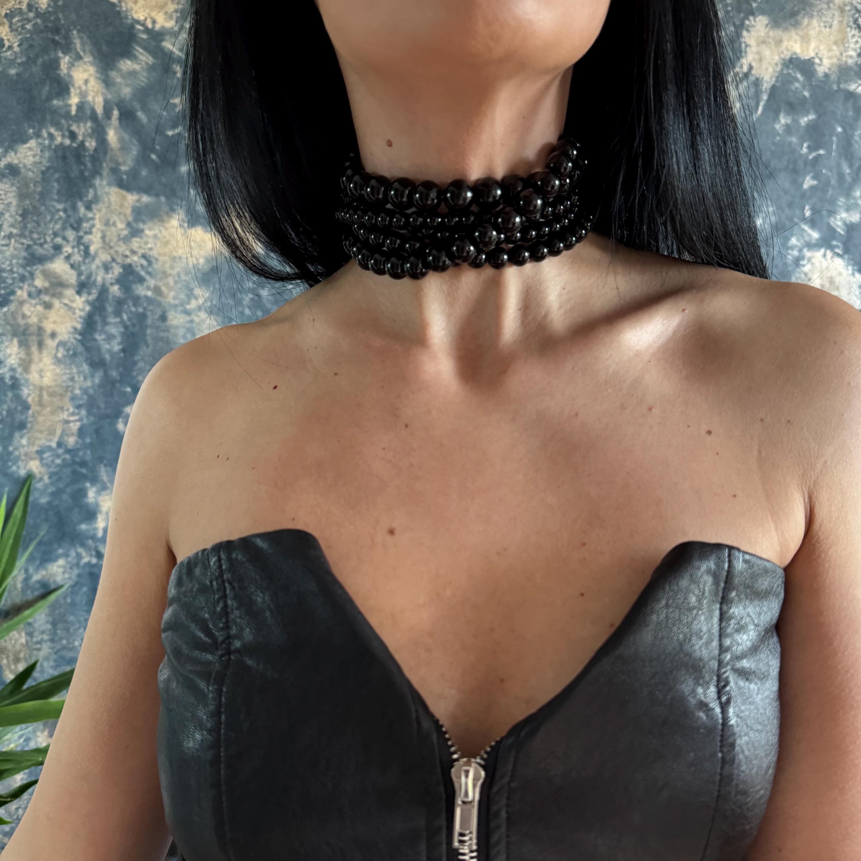 Handmade Multi Row Choker Black Agate Beads Statement Necklace Gemstone Jewelry Elegant Accessory Evening Wear Formal Attire Luxury Gift Woman Special Occasion Jewelry Premium Quality Beadwork Custom Size Option Gold Platinum Clasp Choice