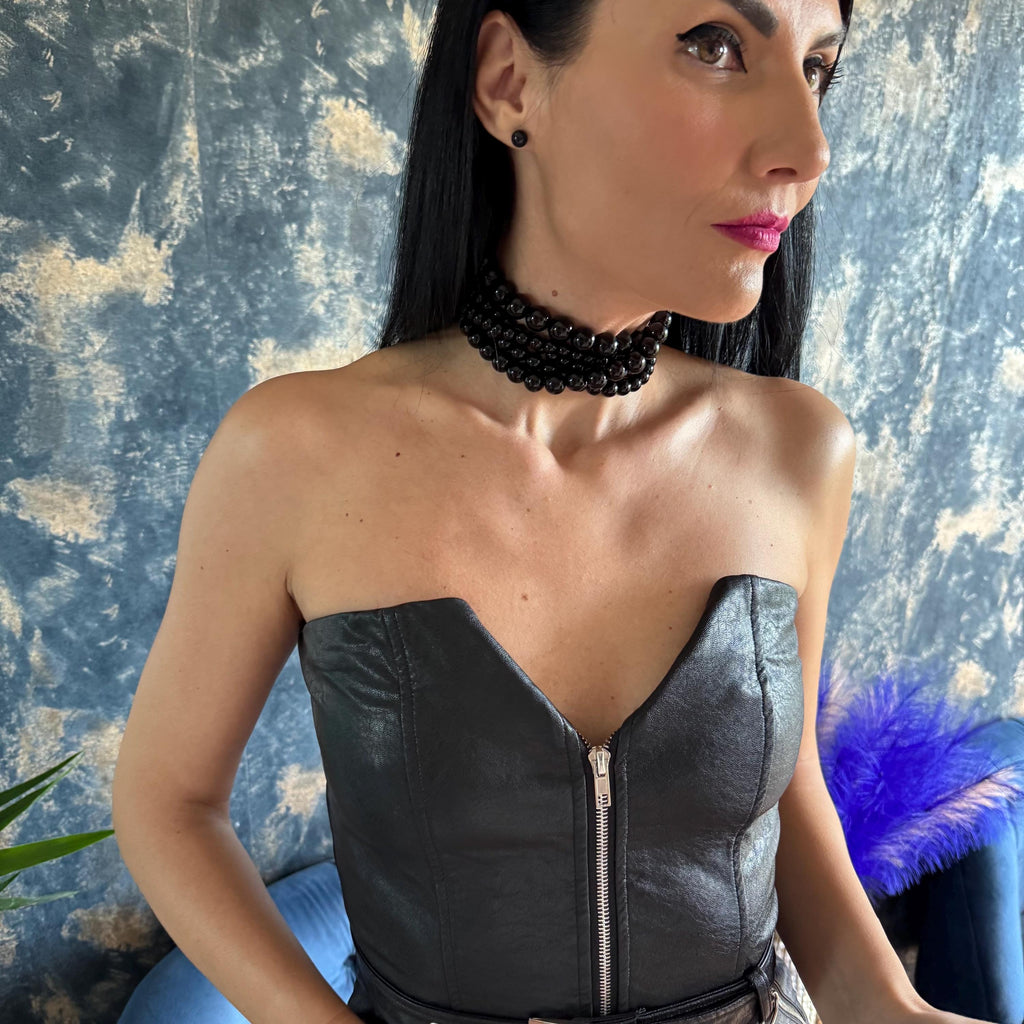 Black Agate Choker Necklace Statement Beaded Jewelry Gemstone Accessory Elegant Evening Formal Wear Luxury Gift Woman Handmade Multi Row Design Layered Necklace Fashion Forward Piece Custom Length Option Premium Quality Material Bold