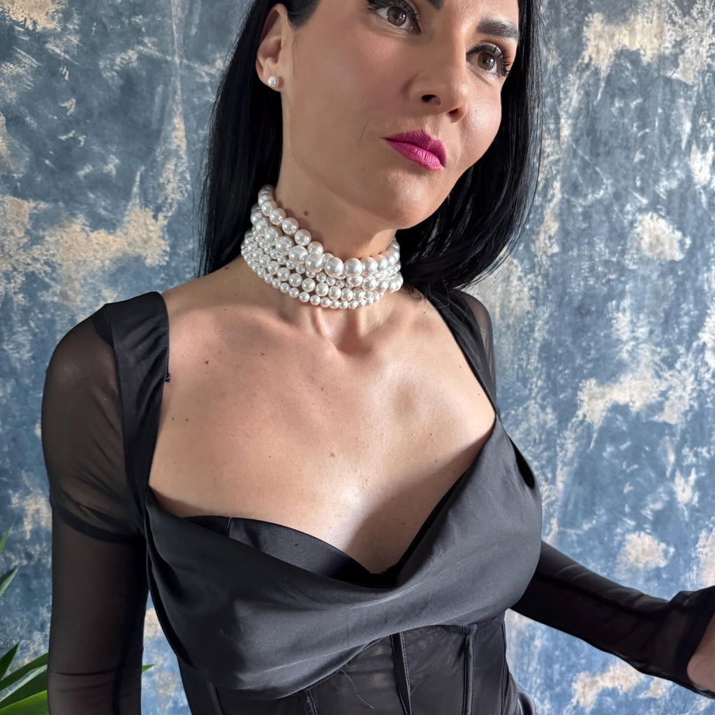 Multi Strand Pearl Necklace Layered Choker Design Statement Jewelry Piece Wedding Accessory Collection Bridal Gift Idea Chunky Pearl Style Luxury Fashion Statement Elegant Neck Piece Formal Occasion Jewelry Adjustable Chain Length Gold
