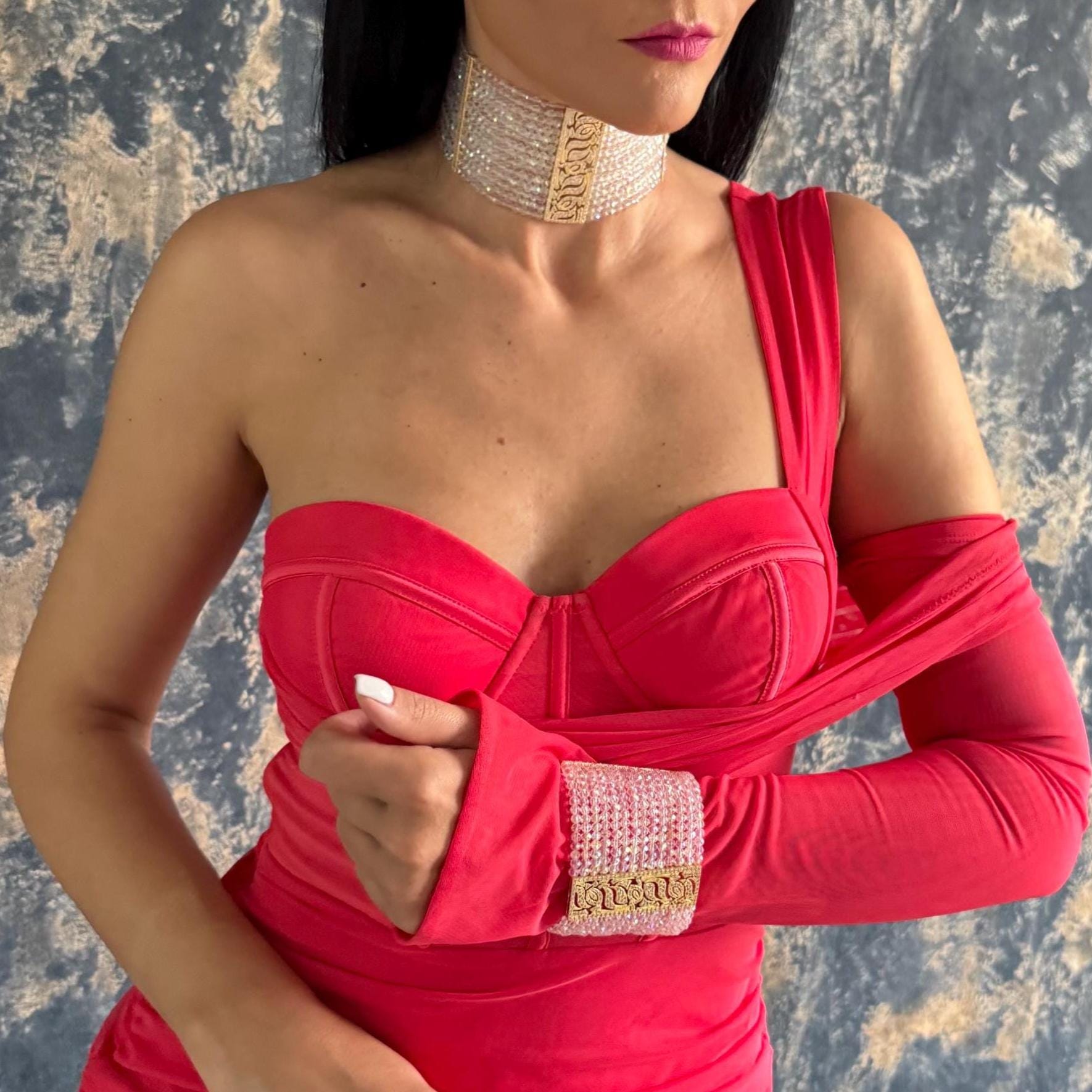 Statement Jewelry Piece Crystal Choker Design Wide Necklace Collection Customizable Length Option Iridescent Glass Beads Gold Plated Accents Zircon Centerpiece Detail Glamorous Evening Wear Luxury Formal Event Accessory Premium Quality