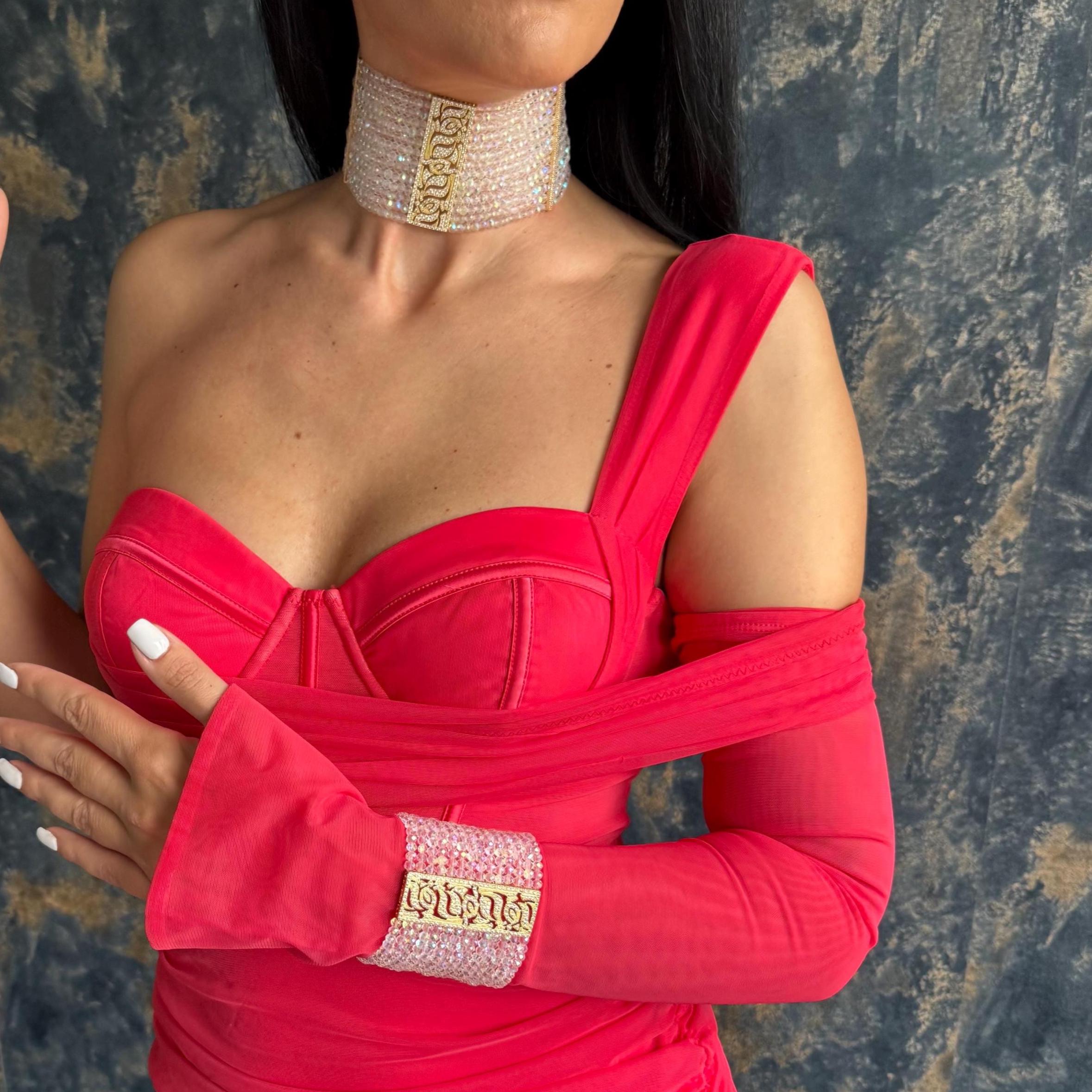 Statement Cuff Bracelet Crystal Beaded Design Elegant Wrist Accessory Gold Plated Finish Iridescent Glass Details Zircon Embellished Jewelry Wedding Collection Special Occasion Piece Customizable Length Option Formal Event Wear