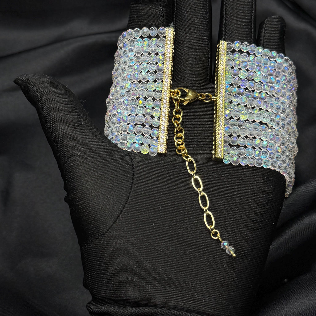 Sparkling Crystal Choker Necklace Wide Statement Glam Jewelry Elegant Wedding Accessory Gold Iridescent Shiny Luxury Collar Unique Gift