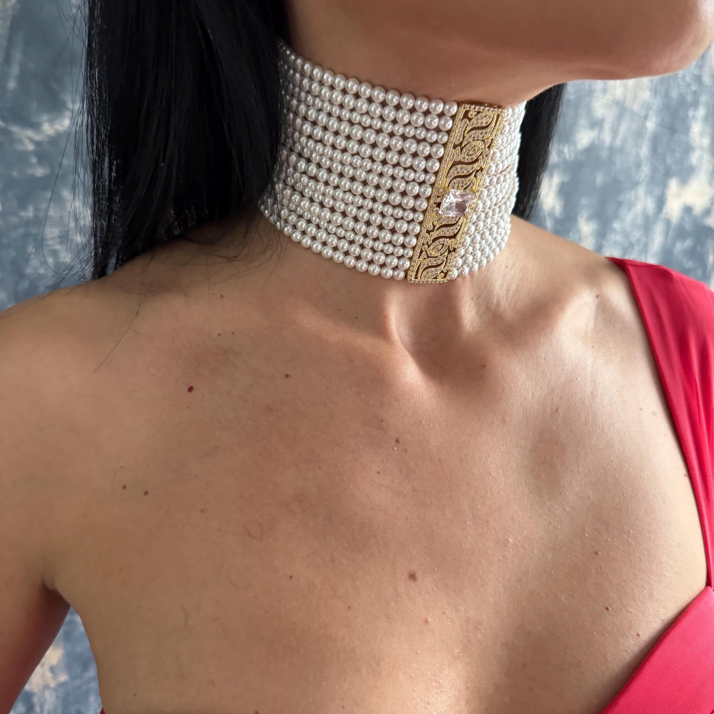 Multi Strand Collar Necklace Wedding Day Bridal Jewelry Statement Piece Shiny Detail Custom Made Formal Wear Gothic Style Wide Pearl Choker