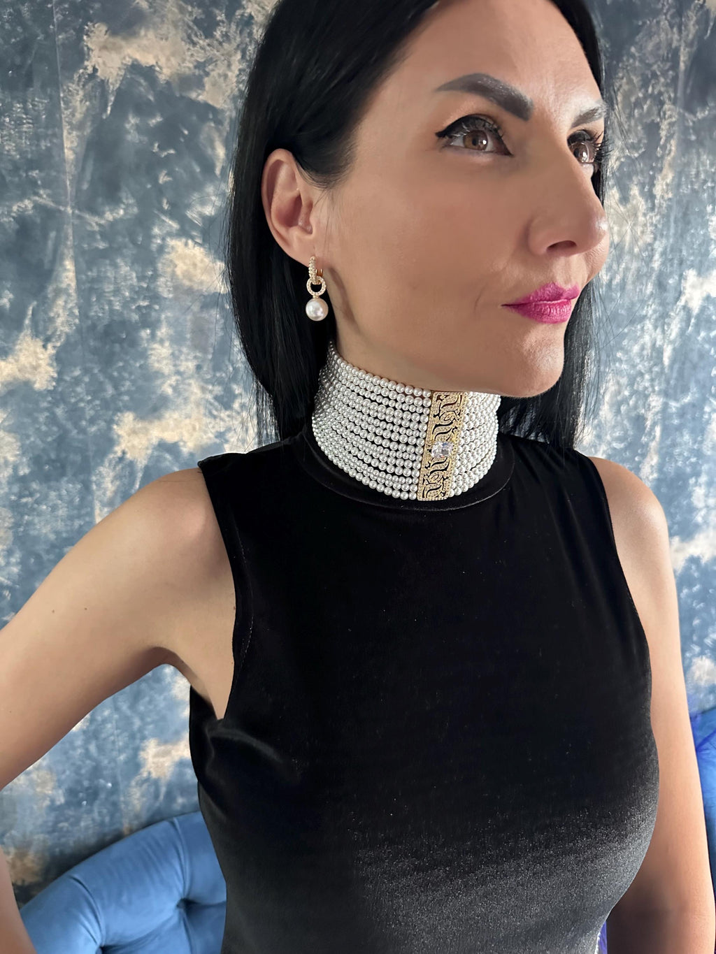 Multi Strand Collar Necklace Wedding Day Bridal Jewelry Statement Piece Shiny Detail Custom Made Formal Wear Gothic Style Wide Pearl Choker