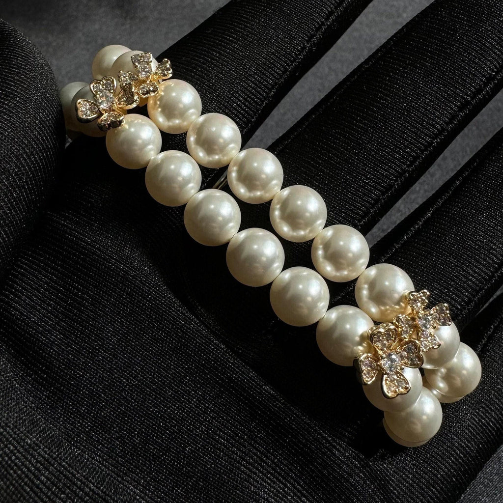 Pearl Wedding Bracelet Bridal Jewelry Crystal Design Two Layer Style Elegant Accessory Rhinestone Flower Detail Gold Formal Piece Luxury Appearance Perfect Bride Gift Wedding Day Essential Timeless Classic Beautiful Sophisticated Multiple