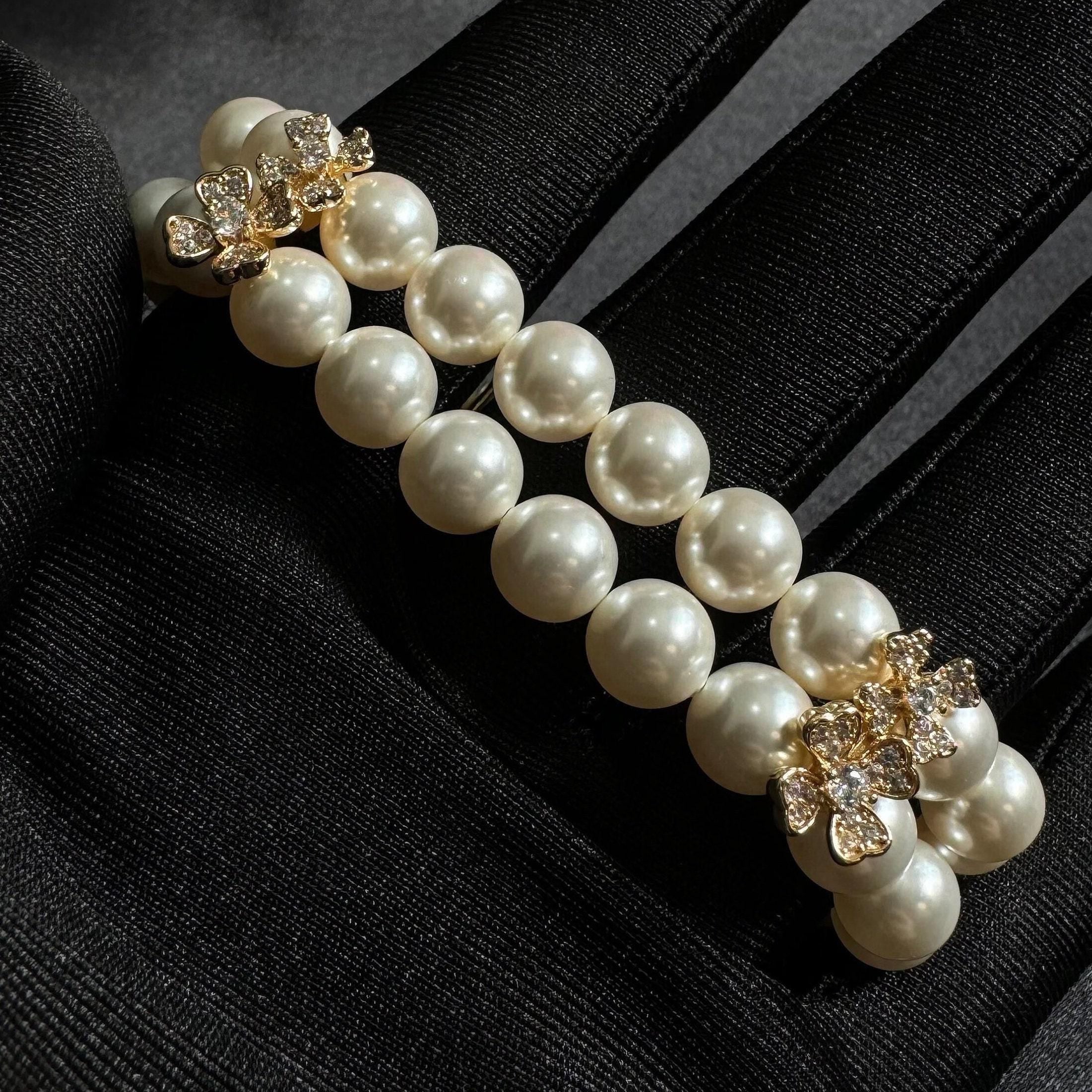 Pearl Wedding Bracelet Bridal Jewelry Crystal Design Two Layer Style Elegant Accessory Rhinestone Flower Detail Gold Formal Piece Luxury Appearance Perfect Bride Gift Wedding Day Essential Timeless Classic Beautiful Sophisticated Multiple