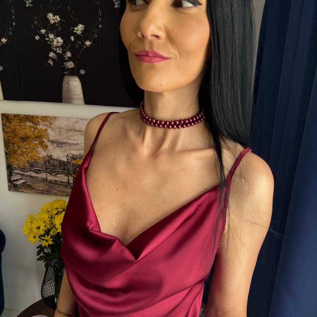 Wine Pearl Choker Necklace Bridesmaid Jewelry Elegant Red Accessory Formal Evening Christmas Festive Burgundy Beaded Classic Statement Piece