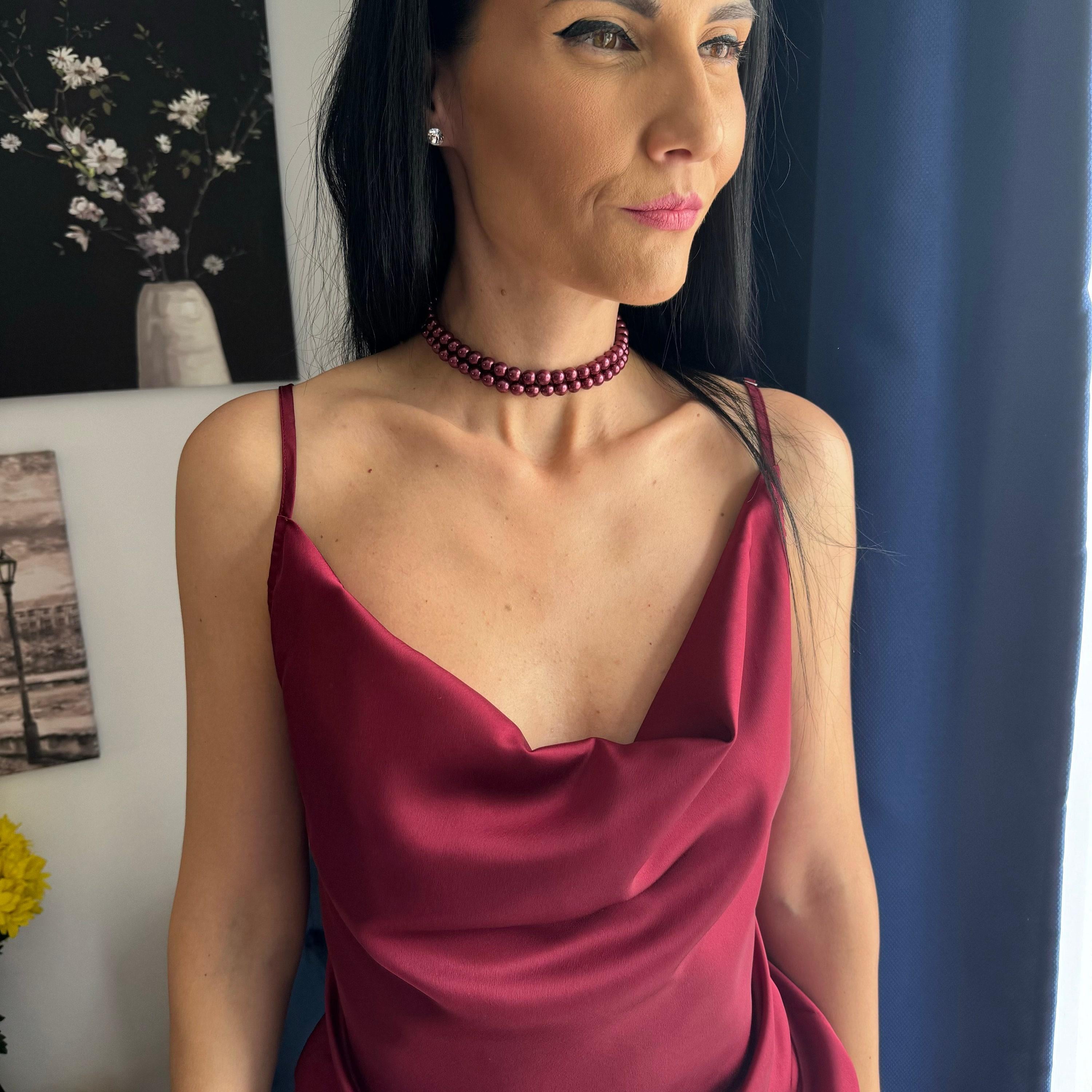Wine Pearl Choker Necklace Bridesmaid Jewelry Elegant Red Accessory Formal Evening Christmas Festive Burgundy Beaded Classic Statement Piece