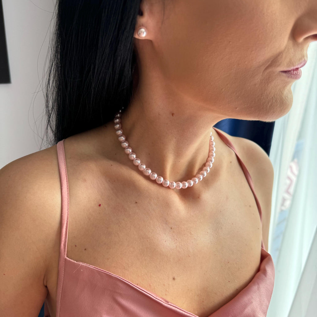 Pink Pearl Choker Necklace Elegant Bridal Wedding Accessory Bridesmaids Jewelry Collection Premium Shell Pearls Gold Clasp Design Classic Style Formal Wear Essential Beautiful Feminine Look Timeless Appeal Versatile Piece Special Occasion