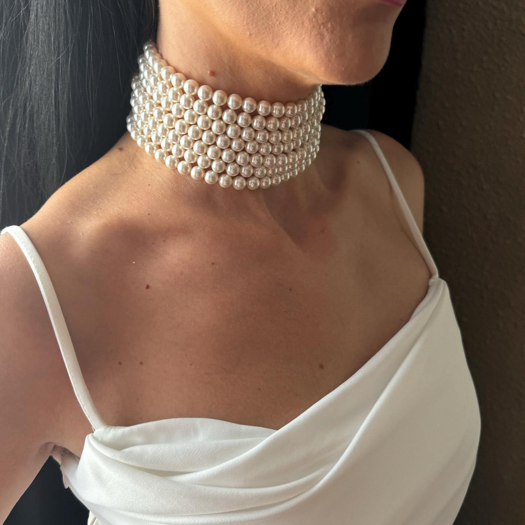 Pearl Choker Necklace Wedding Jewelry Vintage Style Elegant Accessory Multi Layer Statement White Chunky Design Formal Wear 7 Strand Luxury