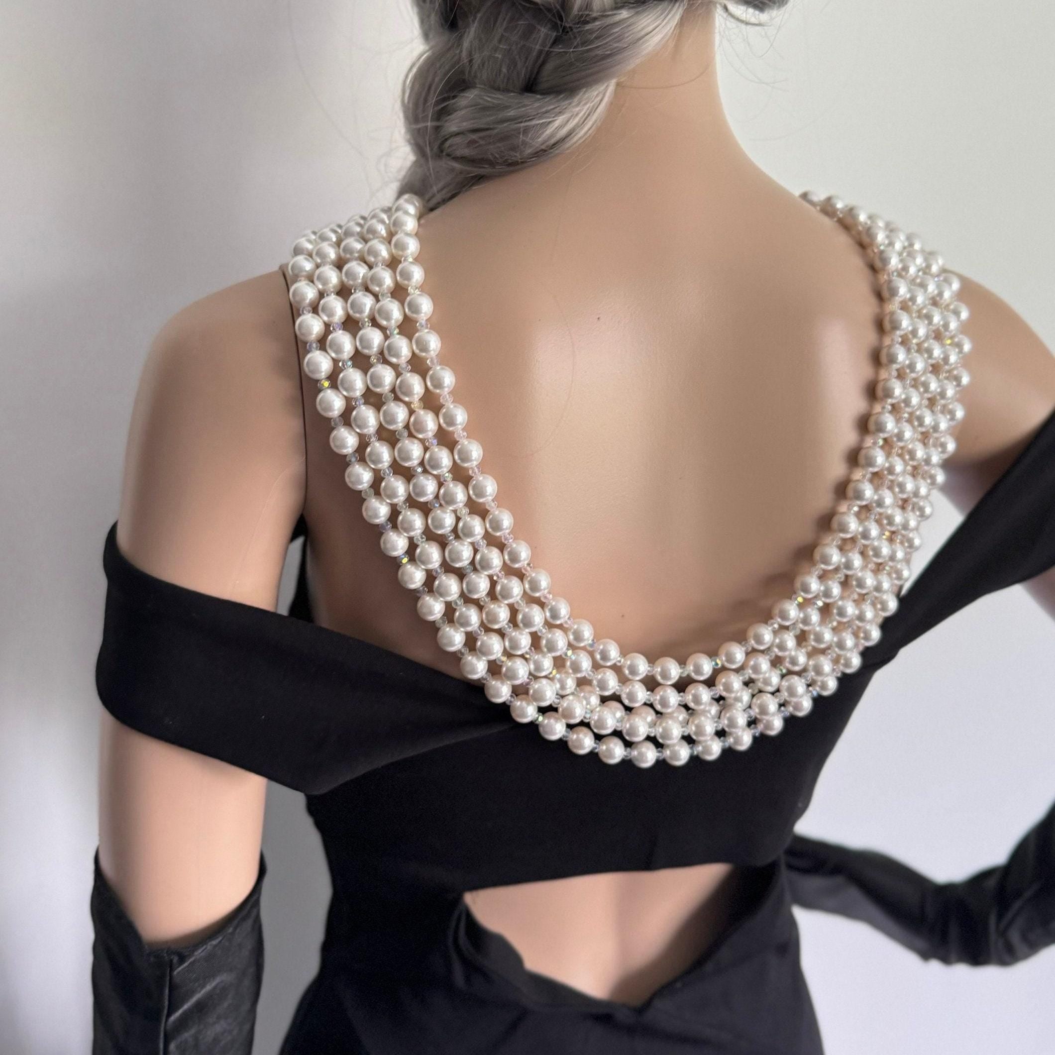 Art Deco Pearl Necklace Gatsby Style Multi Strand Design Vintage Wedding Jewelry White Pearl Collection Formal Statement Piece Five Strand Luxury Necklace Bridal Accessory Elegant Costume Jewelry Special Occasion Wear Classic Vintage Design  Audrey Hepburn Breakfast at Tiffany 