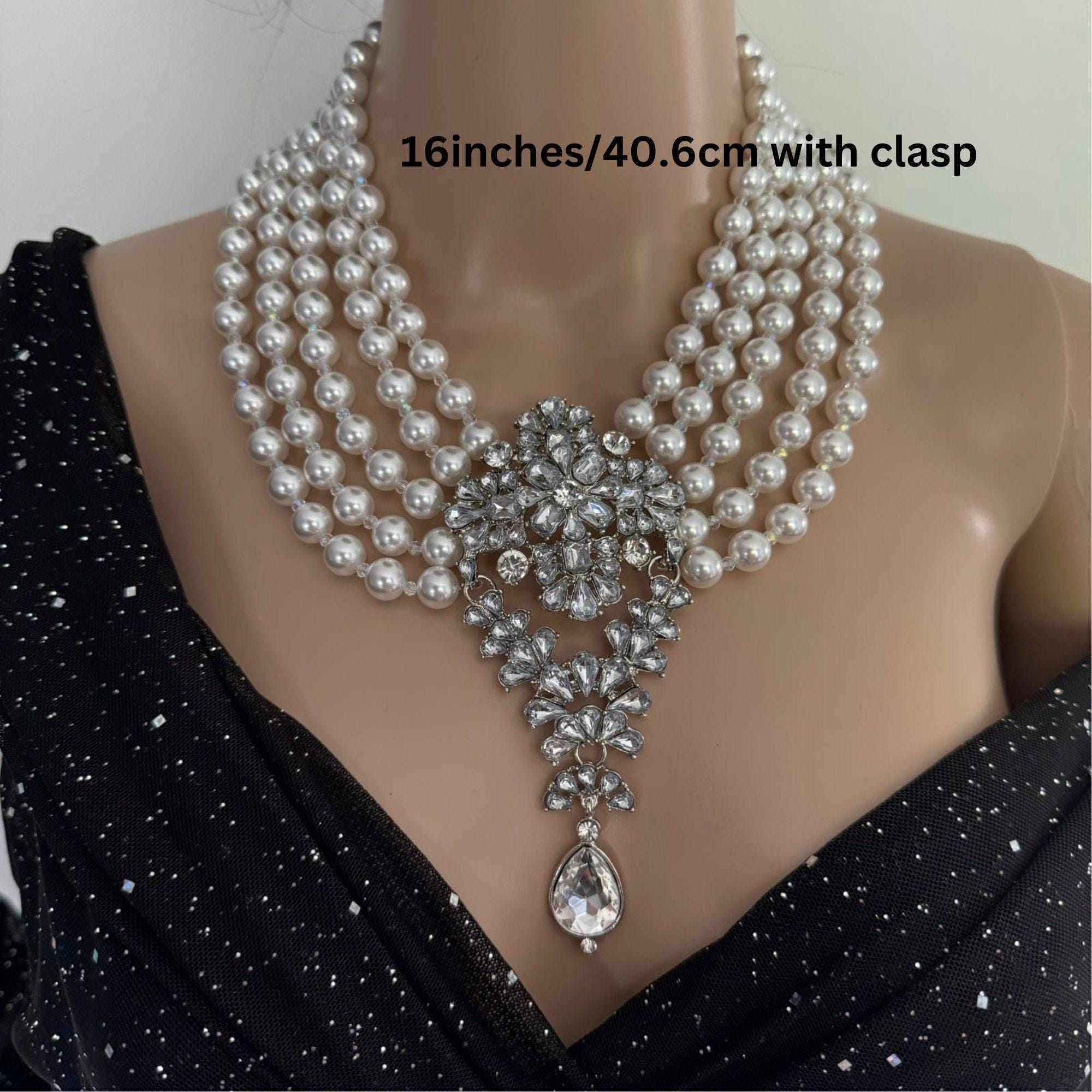 Statement Pearl Necklace Back Drop Jewelry Accessory Formal Wear Gatsby Inspired Art Deco 1920 Luxury Piece Multi Strand Breakfast at Tiffan