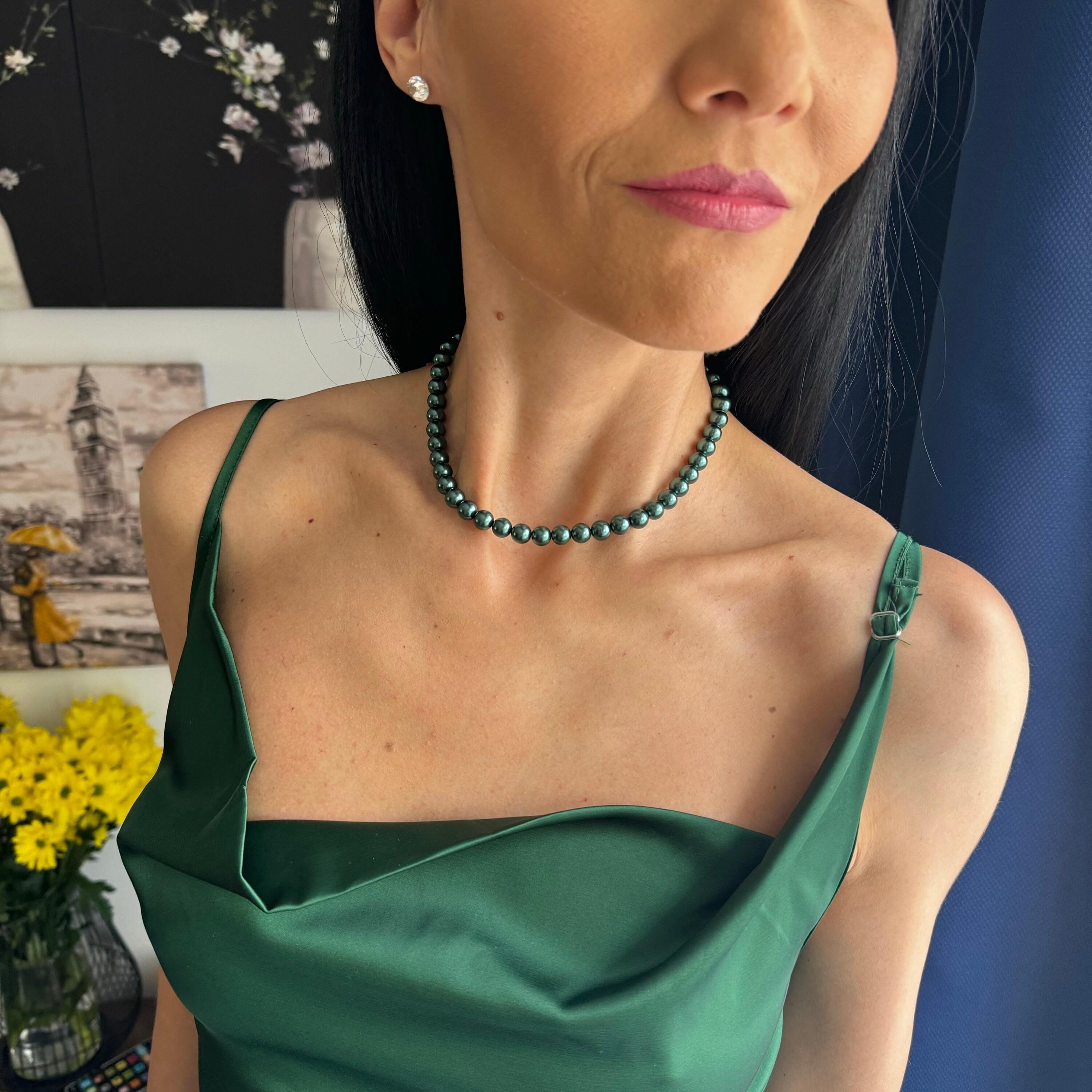 Classic Design Choker Green Pearl Necklace Vintage Inspired Collection Elegant Statement Piece Formal Event Essential Wedding Jewelry Accessory Bridesmaid Gift Option Multiple Length Selections Glossy Pearl Beads Gold Clasp Option