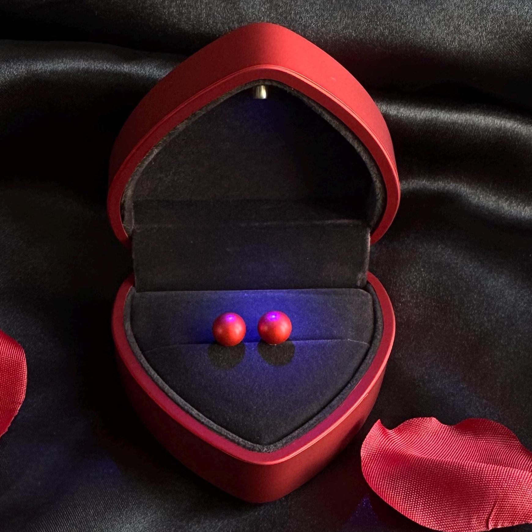 Red Pearl Earrings Wedding Accessory Light Up Gift Box Elegant Crystal Studs Sterling Silver Jewelry Bridesmaid Present Special Occasion Jewelry Beautiful Heart Shaped Box Romantic Gift Idea Timeless Design Classic Pearl Studs Premium