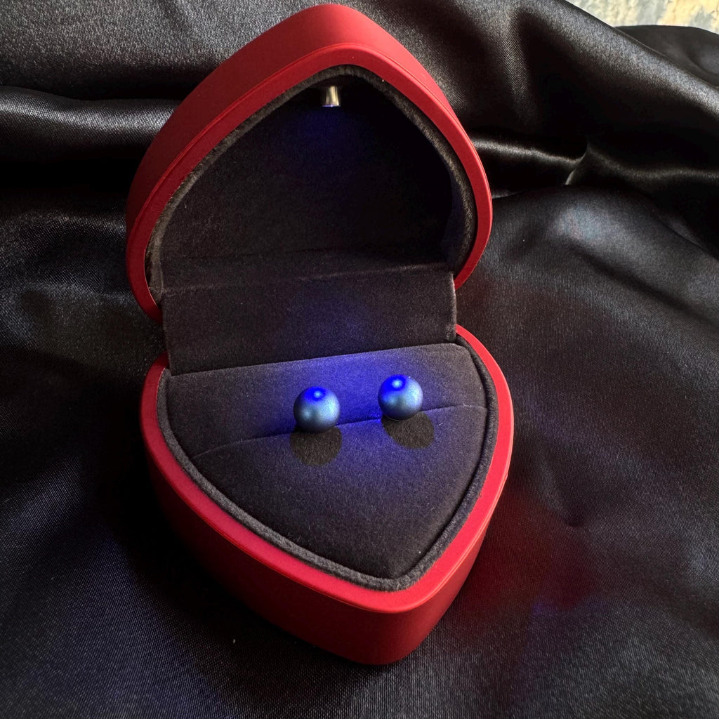 Blue Crystal Pearl Earrings Elegant Bridesmaid Gift Wedding Jewelry Collection Silver Studs Special Occasion Present Beautiful Red Heart Box LED Light Inside Ready To Gift Eight MM Pearls Timeless Design Classic Feminine Style Formal Event