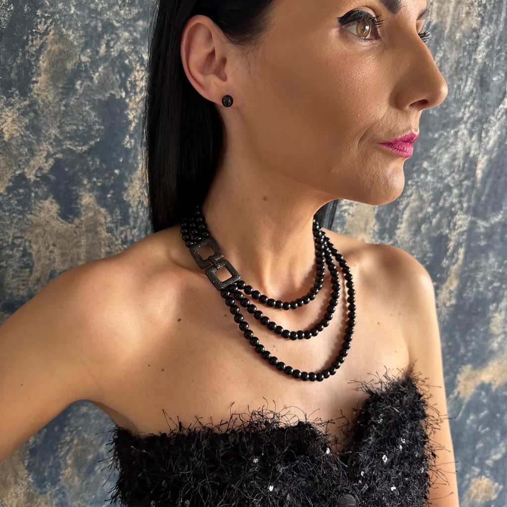 Gothic Aesthetic Jewelry Black Pearl Necklace Layered Design Statement Piece Crystal Darkness Collection Formal Accessory Wedding Jewelry Elegant Evening Wear Three Strand Necklace Matching Earrings Set Special Occasion Accessory