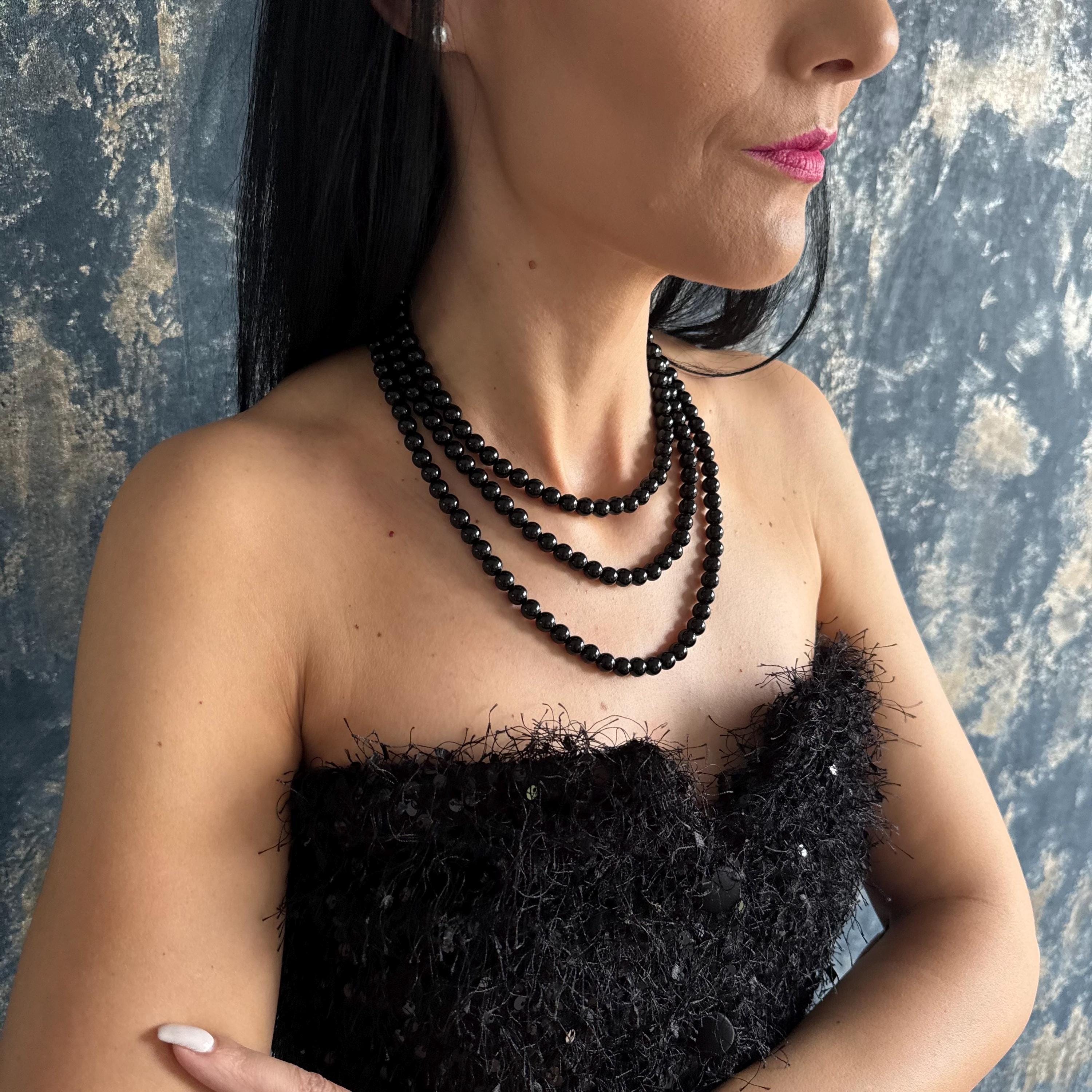 Wedding Collection Jewelry Black Pearl Necklace Statement Piece Special Occasion Accessory Formal Event Jewelry Layered Design Gothic Aesthetic Crystal Darkness Multi Layer Necklace Matching Earrings Set Elegant Fashion Timeless Style