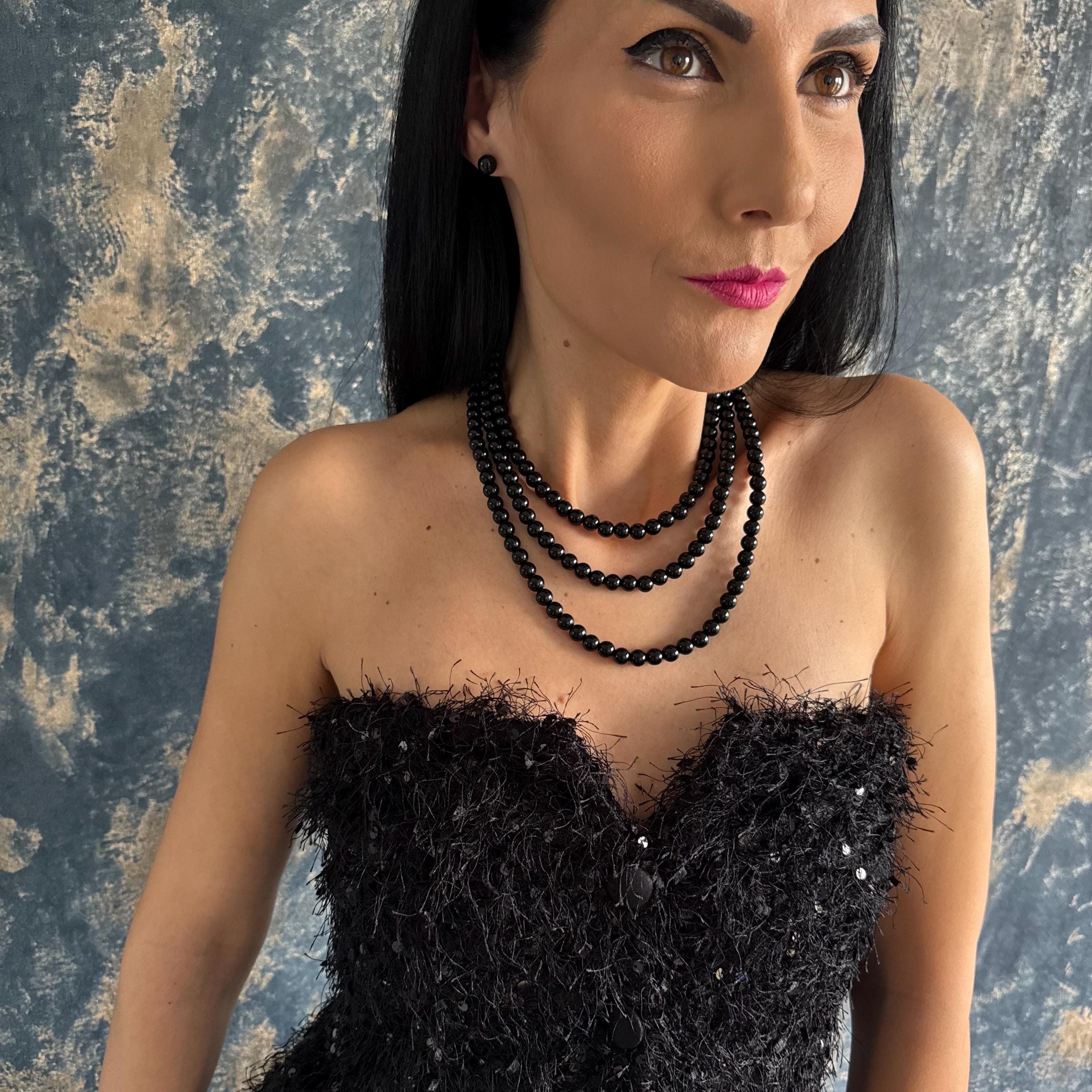 Layered Design Necklace Black Pearl Statement Piece Crystal Darkness Collection Gothic Aesthetic Jewelry Formal Accessory Wedding Collection Elegant Jewelry Set Special Occasion Wear Three Strand Necklace Matching Earrings Set Sophisticated