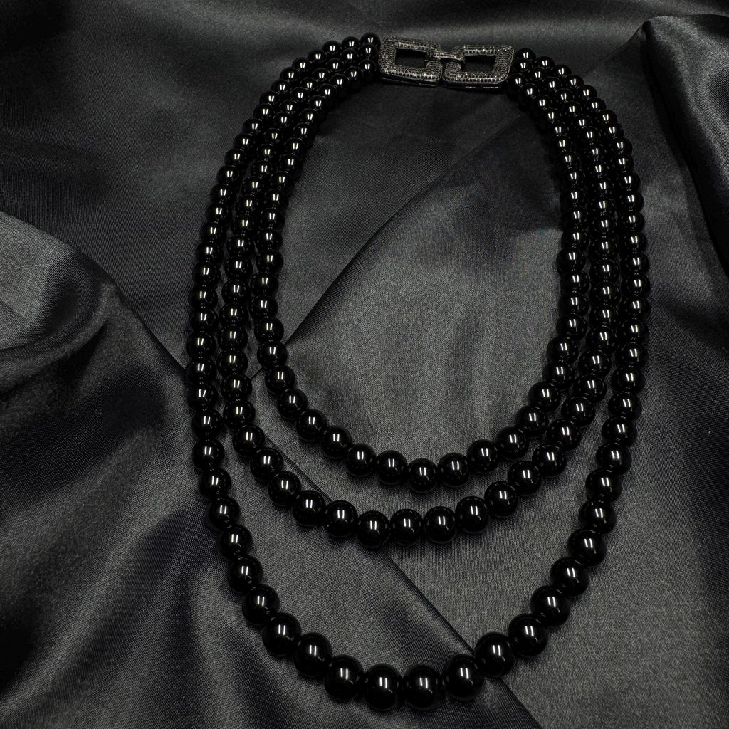 Triple Strand Black Pearl Necklace Set Elegant Costume Jewelry Layered Gothic Matching Stud Earrings Cascade Vintage Style Party Accessory